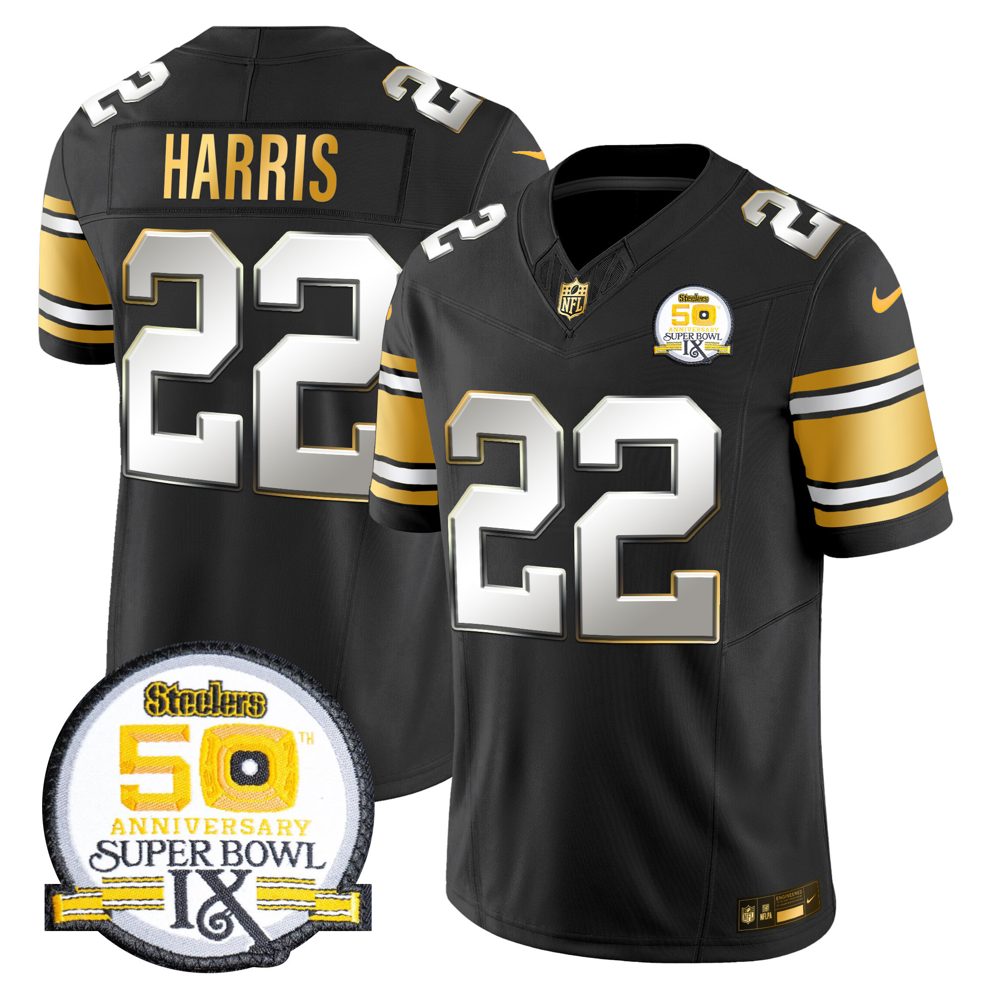 Men's Najee Harris Pittsburgh Steelers 50th Anniversary of Super Bowl IX Patch Gold Vapor Limited Black Limited Jersey - All Stitched
