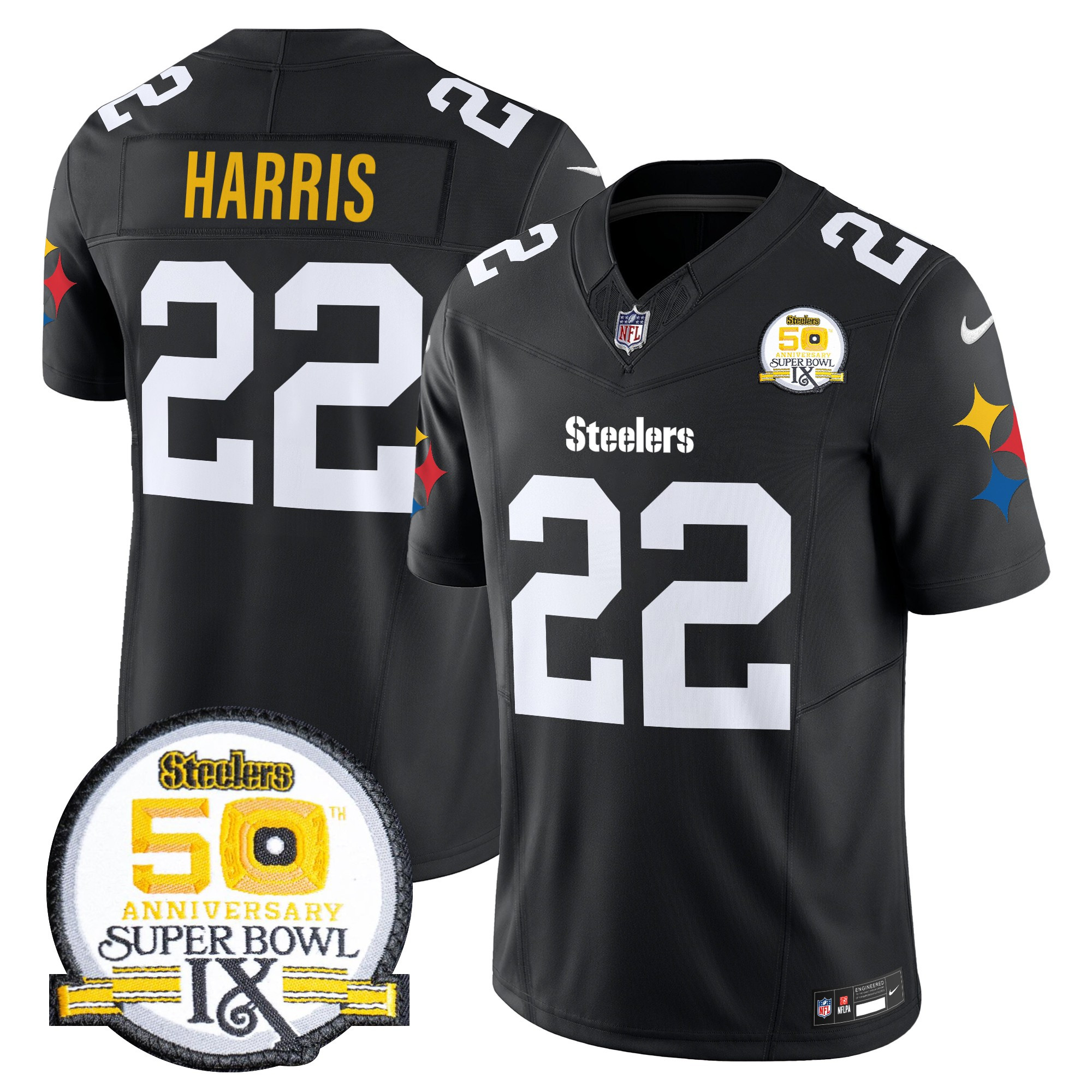 Men's Najee Harris Pittsburgh Steelers 50th Anniversary Of Super Bowl IX Patch Vapor Limited 1975 Throwback Jersey - All Stitched