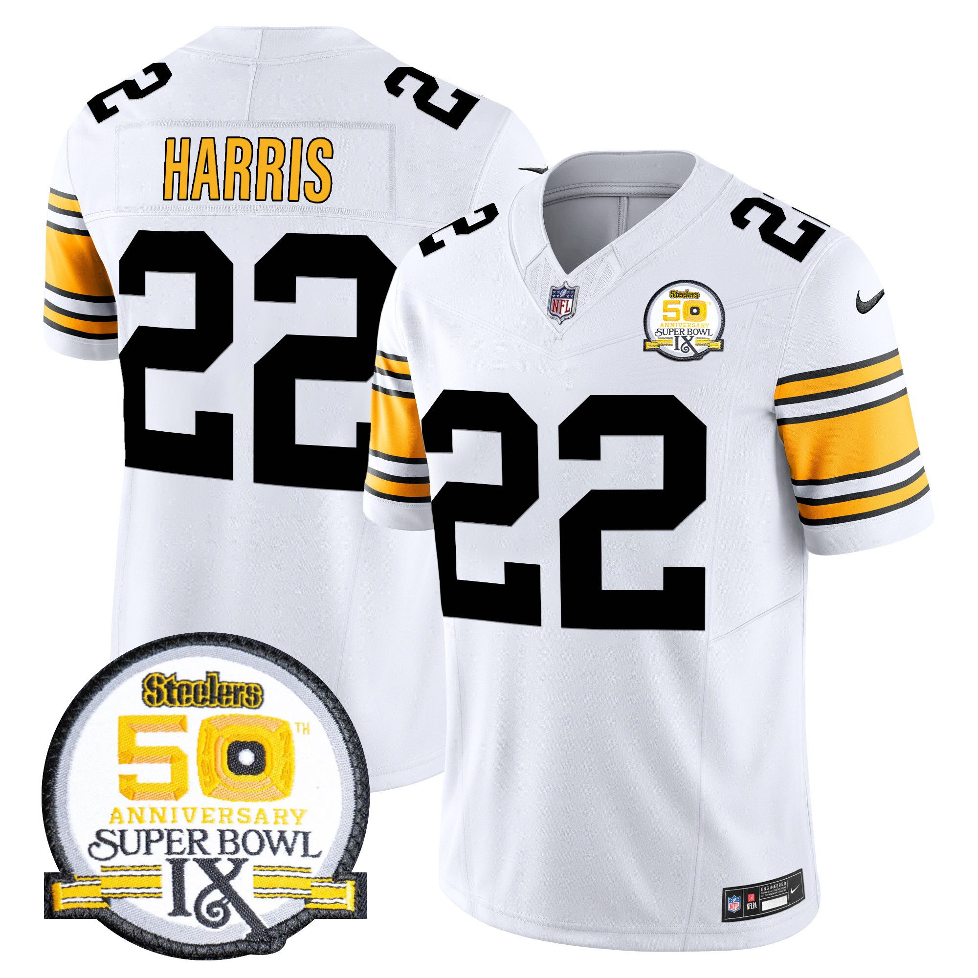 Men's Najee Harris Pittsburgh Steelers 50th Anniversary Of Super Bowl IX Patch Vapor Limited 1975 White Jersey - All Stitched