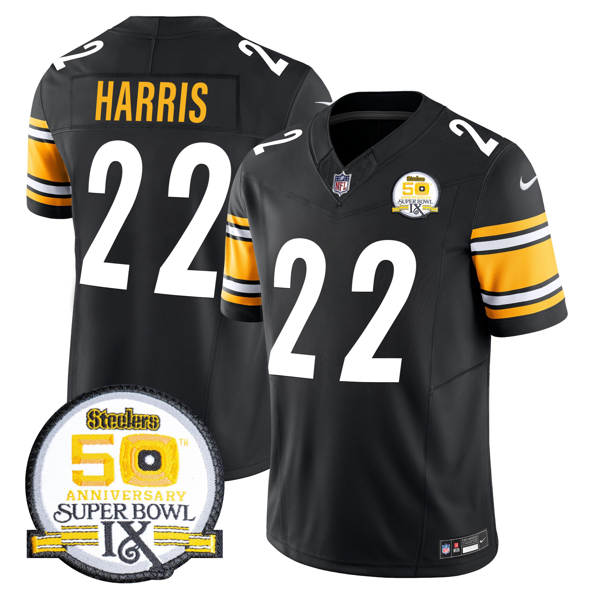 Men's Najee Harris Pittsburgh Steelers 50th Anniversary Of Super Bowl IX Patch Vapor Limited Black Jersey - All Stitched
