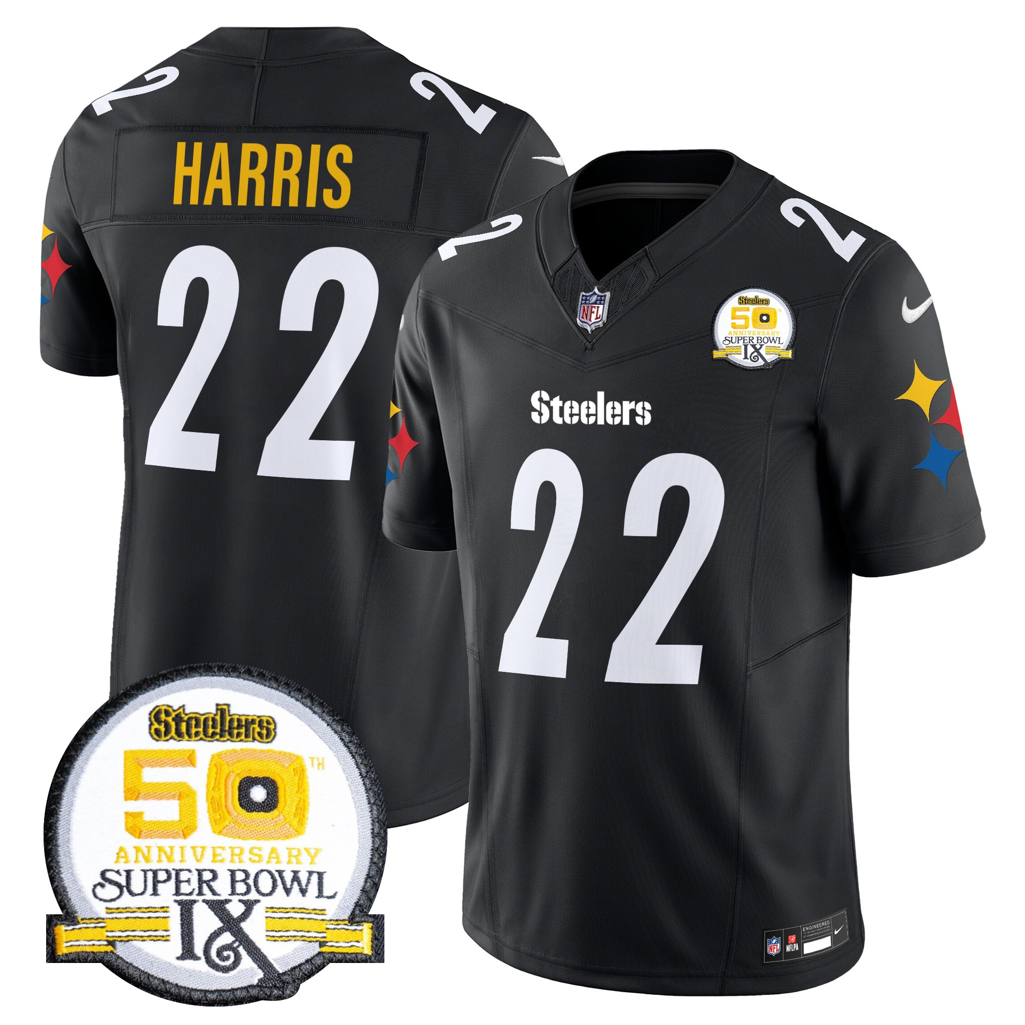 Men's Najee Harris Pittsburgh Steelers 50th Anniversary Of Super Bowl IX Patch Vapor Limited Black Jersey - All Stitched