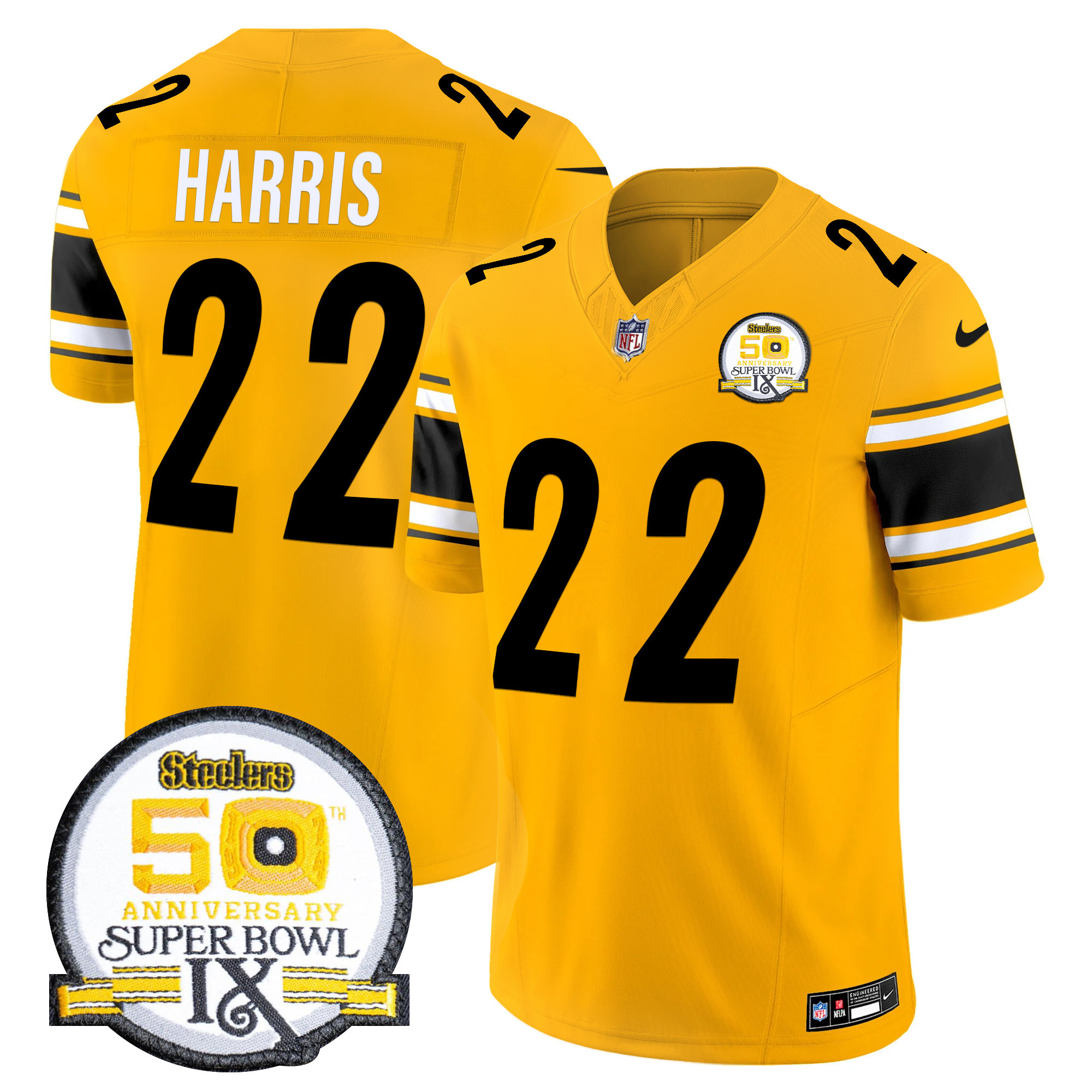 Men's Najee Harris Pittsburgh Steelers 50th Anniversary Of Super Bowl IX Patch Vapor Limited Gold Jersey - All Stitched