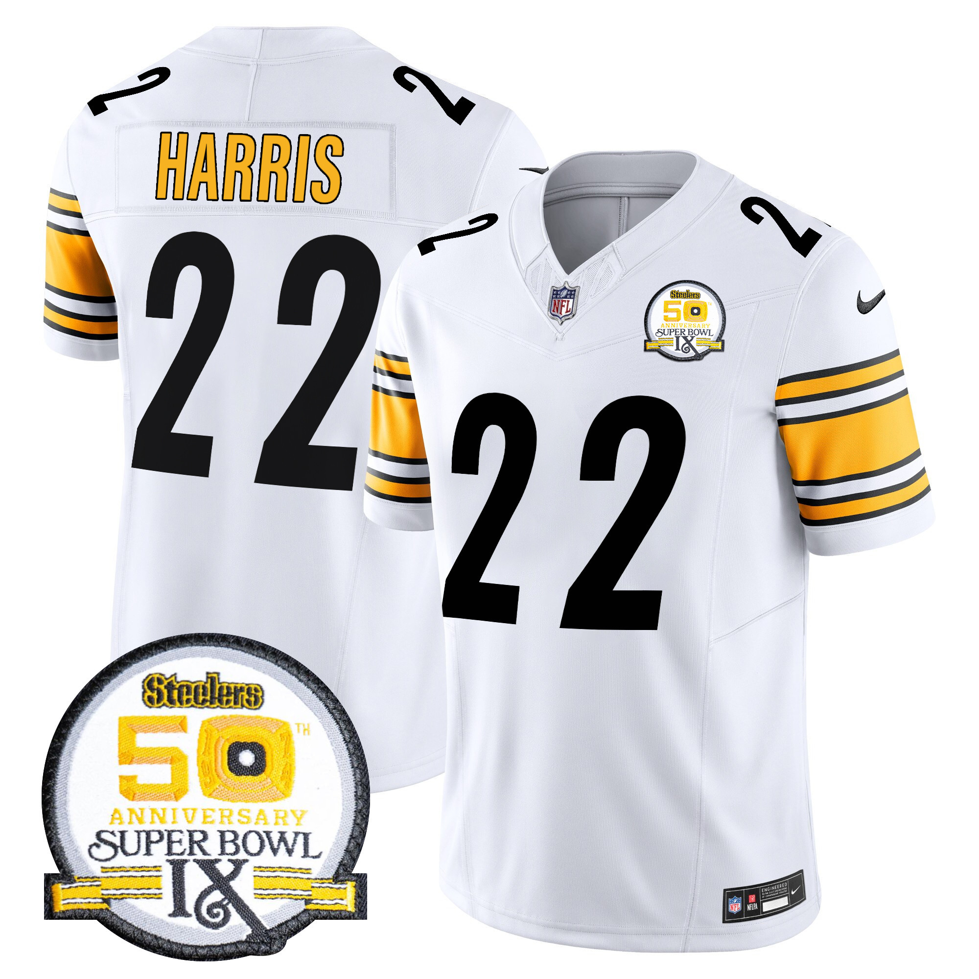 Men's Najee Harris Pittsburgh Steelers 50th Anniversary Of Super Bowl IX Patch Vapor Limited White Jersey - All Stitched