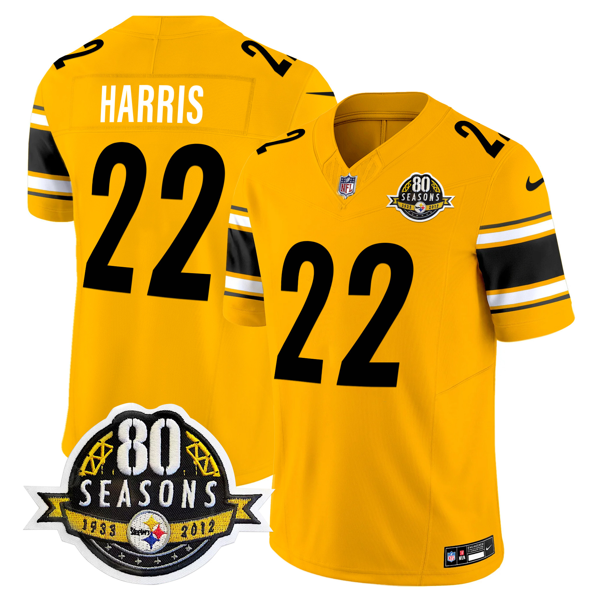 Men's Najee Harris Pittsburgh Steelers 80th Anniversary Patch Vapor Limited Gold Jersey - All Stitched