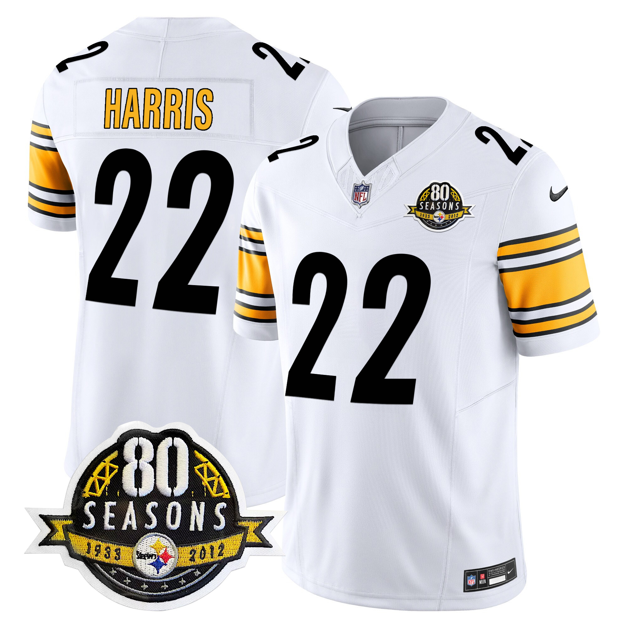 Men's Najee Harris Pittsburgh Steelers 80th Anniversary Patch Vapor Limited White Jersey - All Stitched
