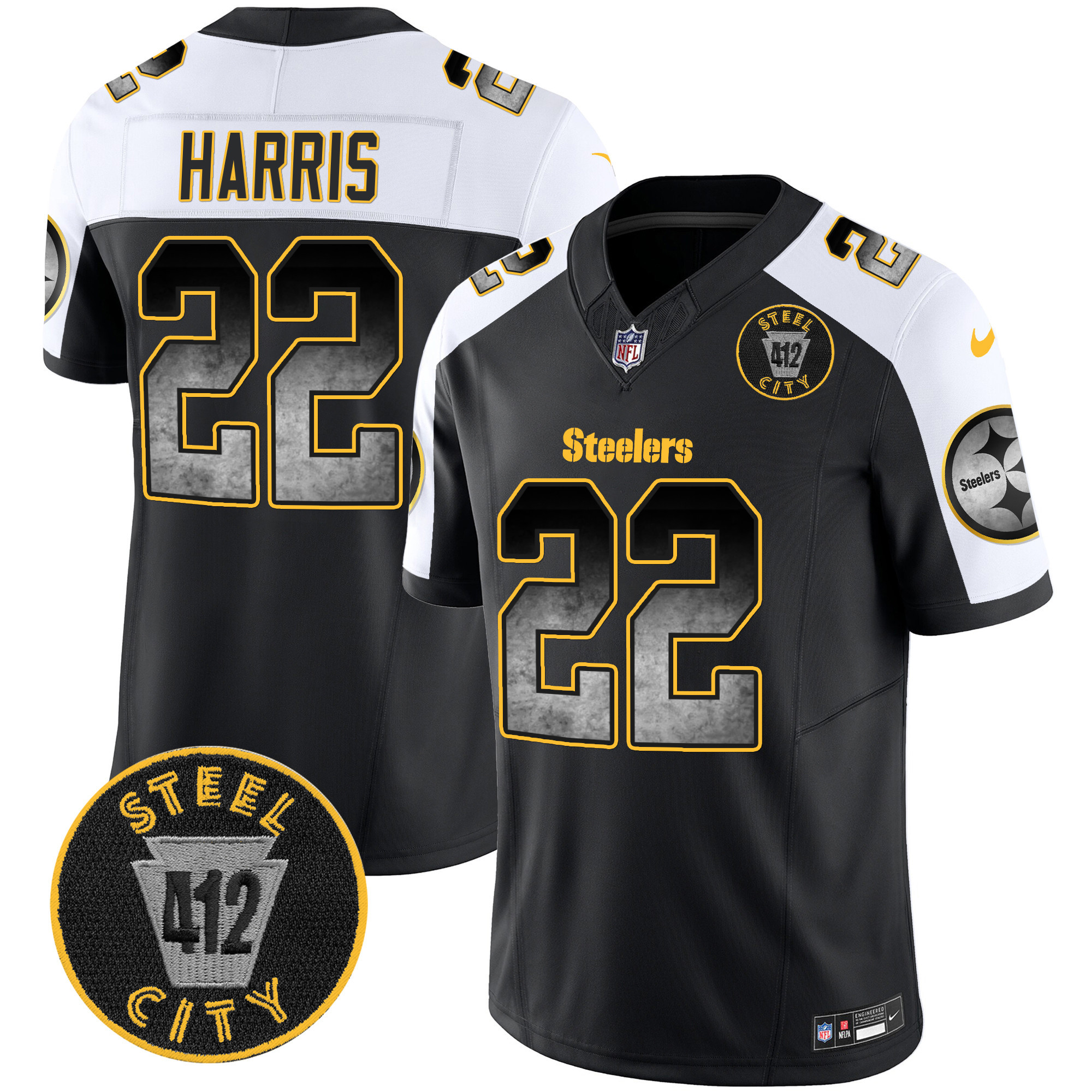 Men's Najee Harris Pittsburgh Steelers Arch Smoke 412 Patch Vapor Limited Alternate Jersey - All Stitched