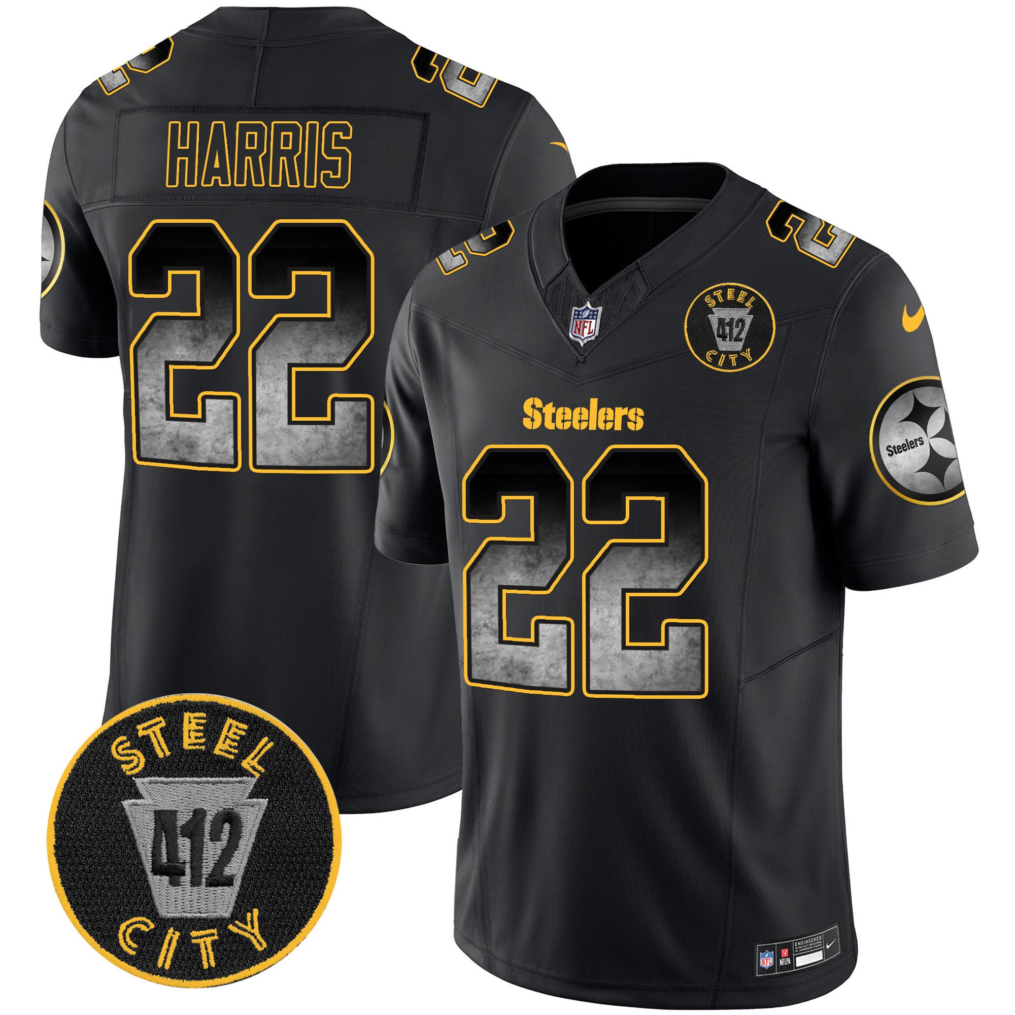 Men's Najee Harris Pittsburgh Steelers Arch Smoke 412 Patch Vapor Limited Black Jersey - All Stitched