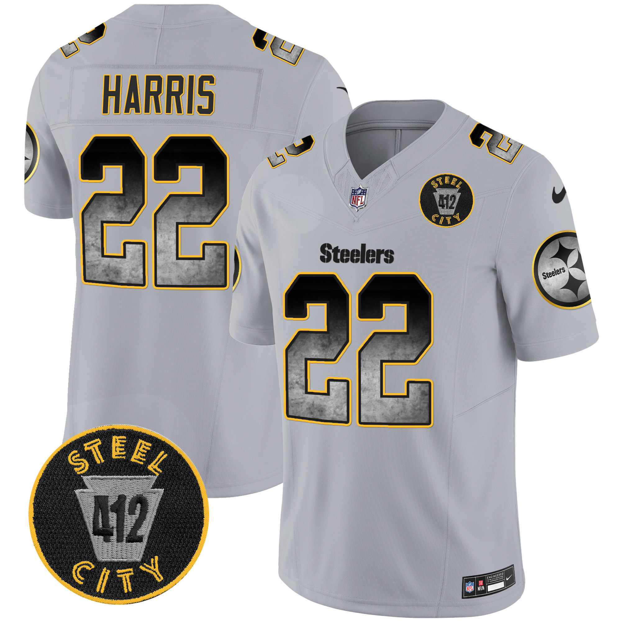 Men's Najee Harris Pittsburgh Steelers Arch Smoke 412 Patch Vapor Limited Gray Jersey - All Stitched