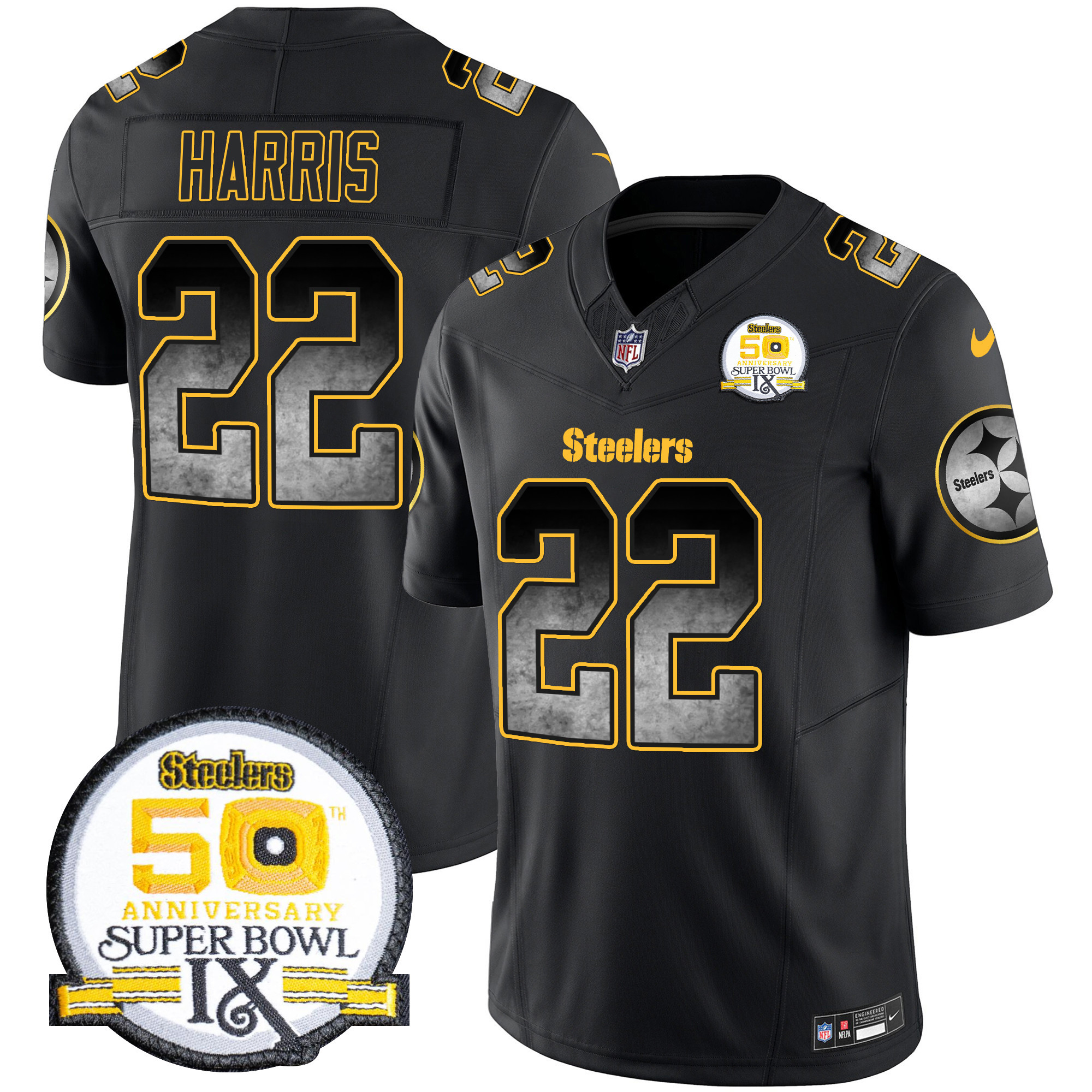 Men's Najee Harris Pittsburgh Steelers Arch Smoke 50th Anniversary Of Super Bowl IX Patch Vapor Limited Black Jersey - All Stitched