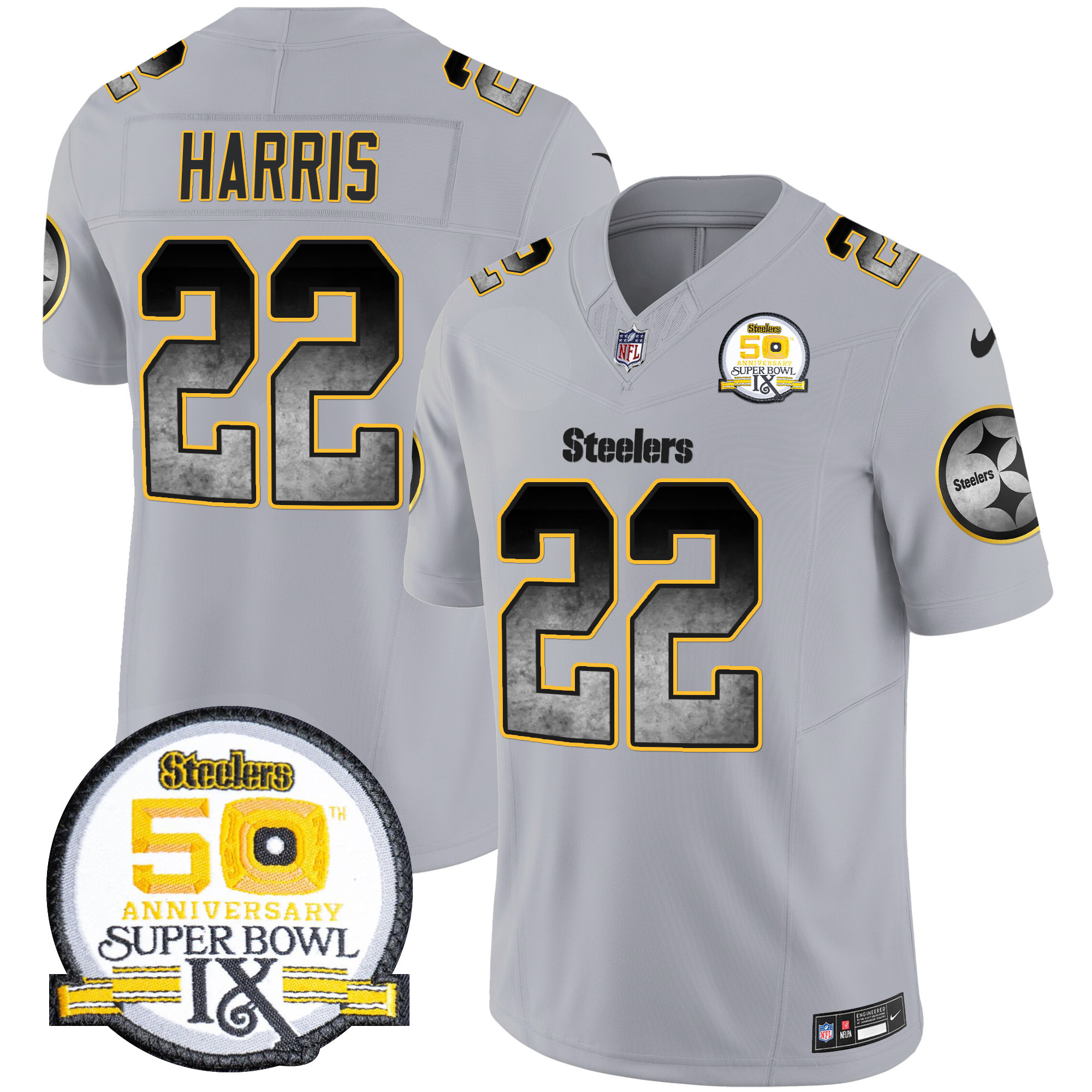 Men's Najee Harris Pittsburgh Steelers Arch Smoke 50th Anniversary Of Super Bowl IX Patch Vapor Limited Gray Jersey - All Stitched