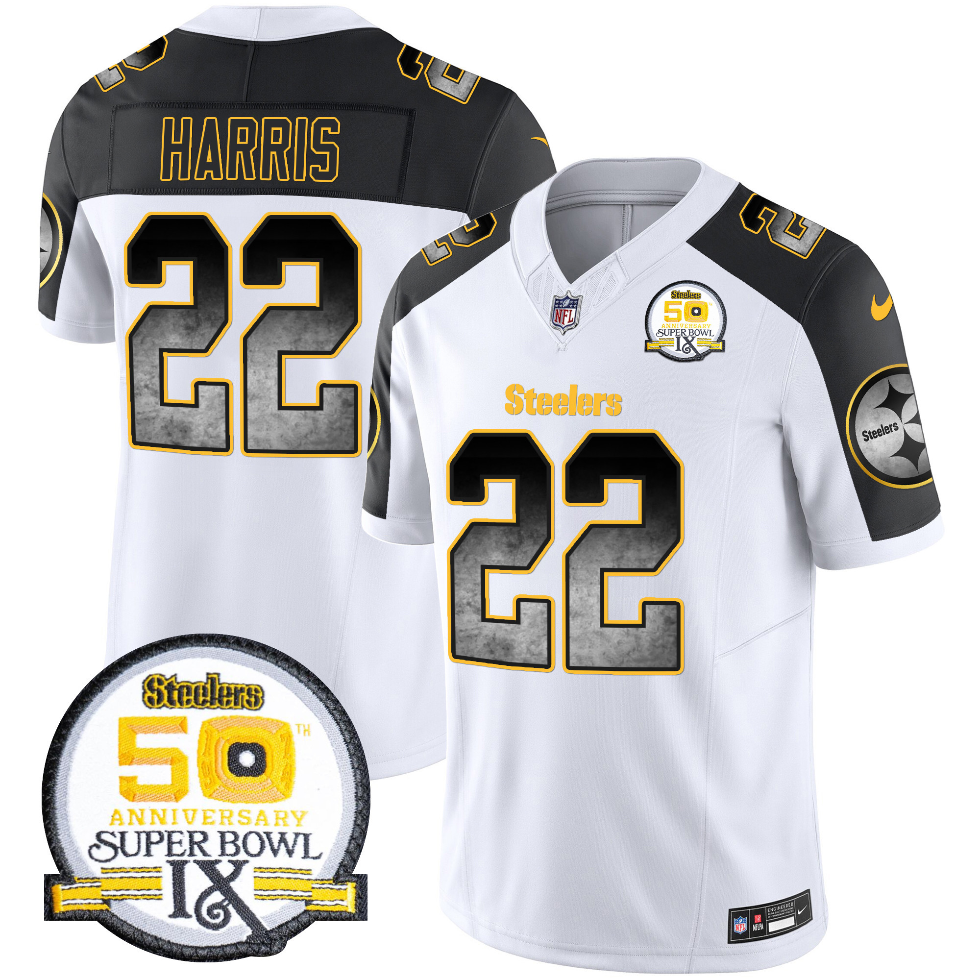 Men's Najee Harris Pittsburgh Steelers Arch Smoke 50th Anniversary Of Super Bowl IX Patch Vapor Limited Inverted Jersey - All Stitched