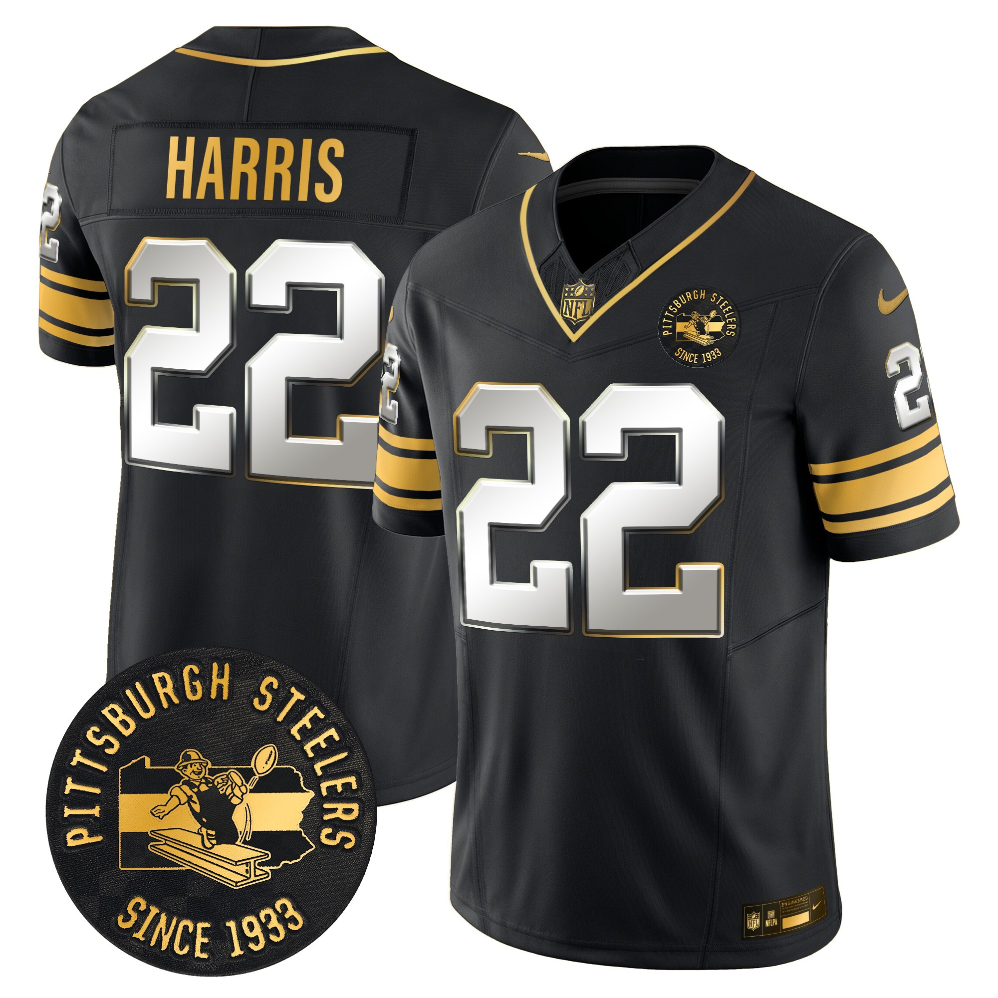 Men's Najee Harris Pittsburgh Steelers Throwback 1933 Patch Gold Vapor Limited Black Limited Jersey - All Stitched