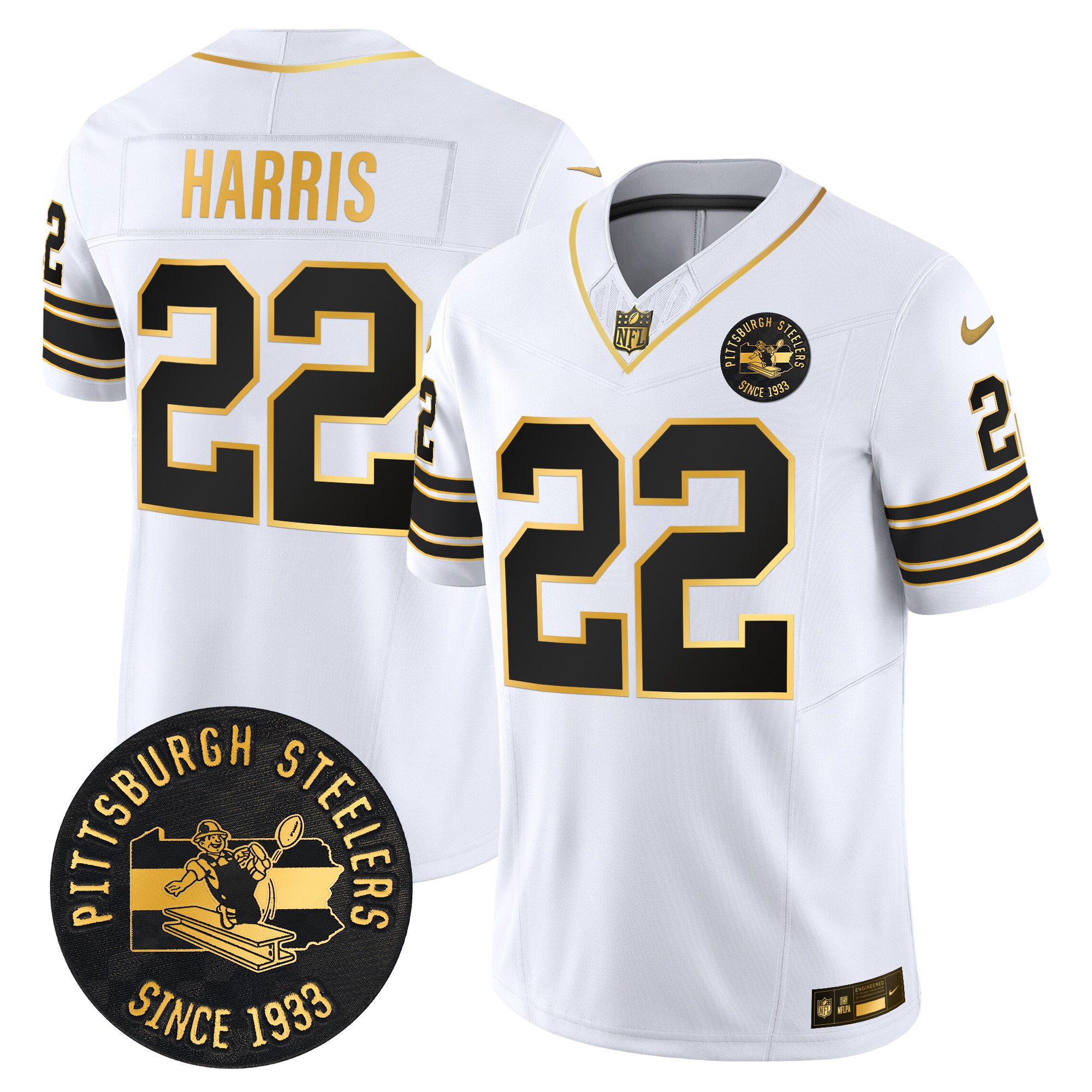 Men's Najee Harris Pittsburgh Steelers Throwback 1933 Patch Gold Vapor Limited White Gold Jersey - All Stitched