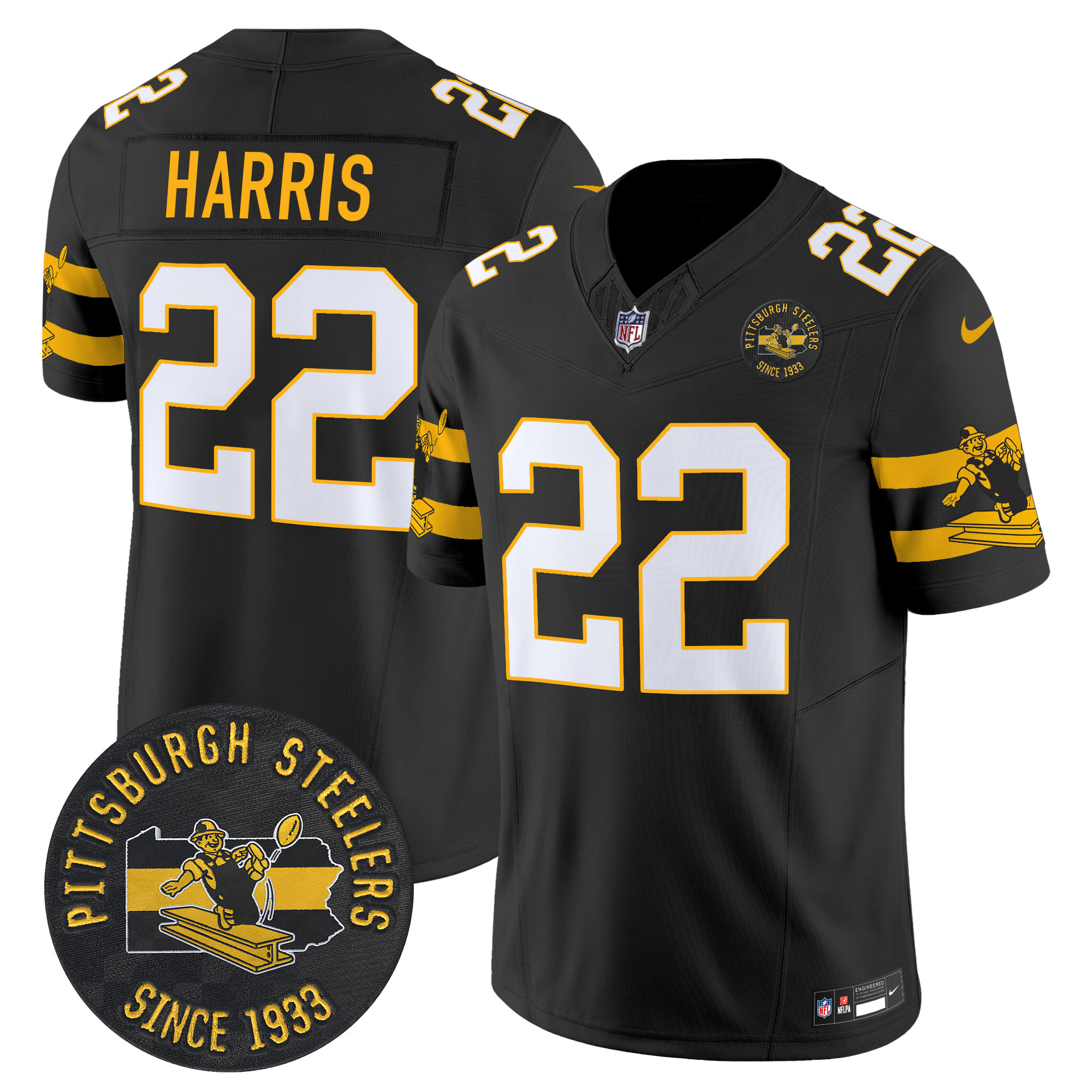 Men's Najee Harris Pittsburgh Steelers Throwback 1933 Patch Vapor Limited Black Jersey - All Stitched