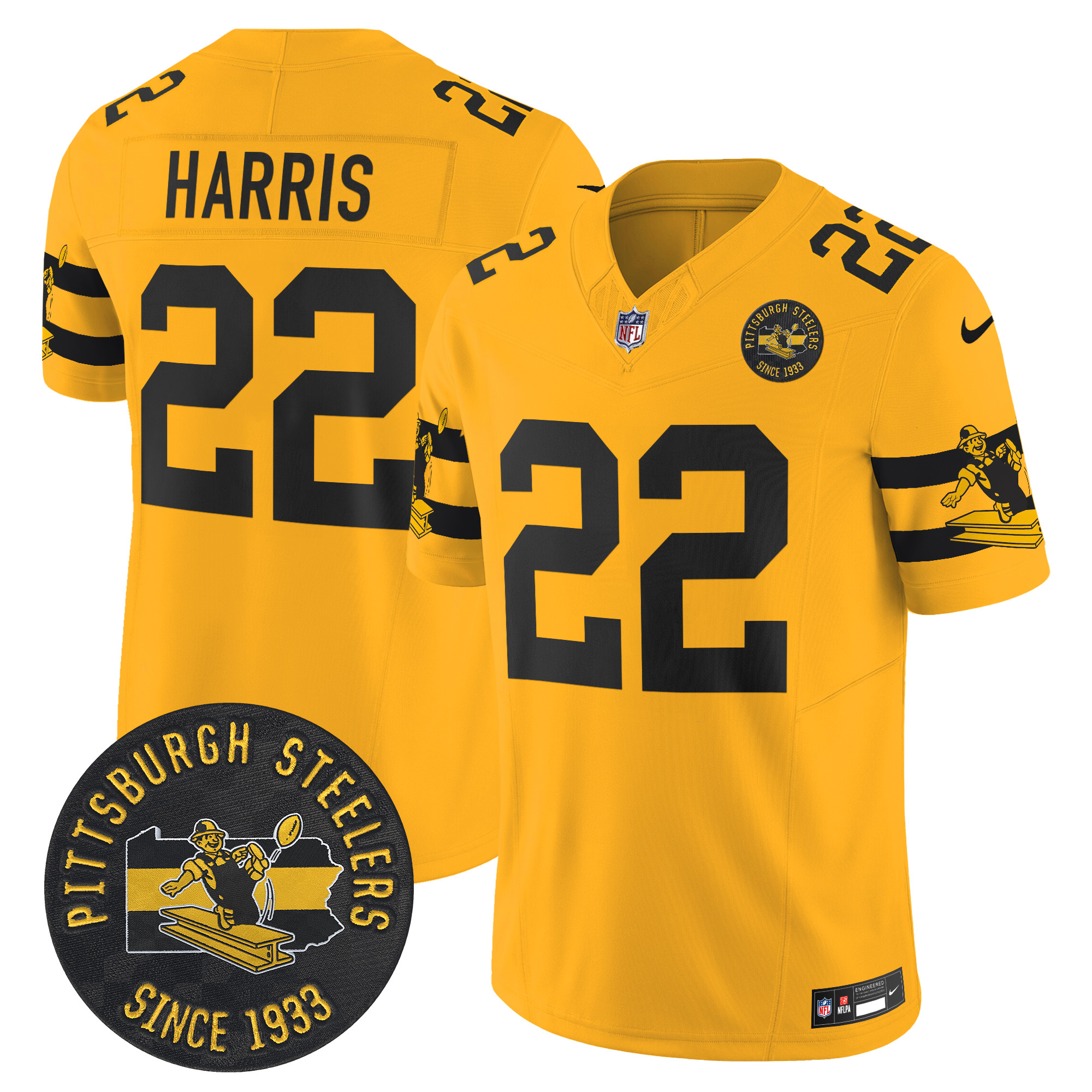 Men's Najee Harris Pittsburgh Steelers Throwback 1933 Patch Vapor Limited Gold Jersey - All Stitched