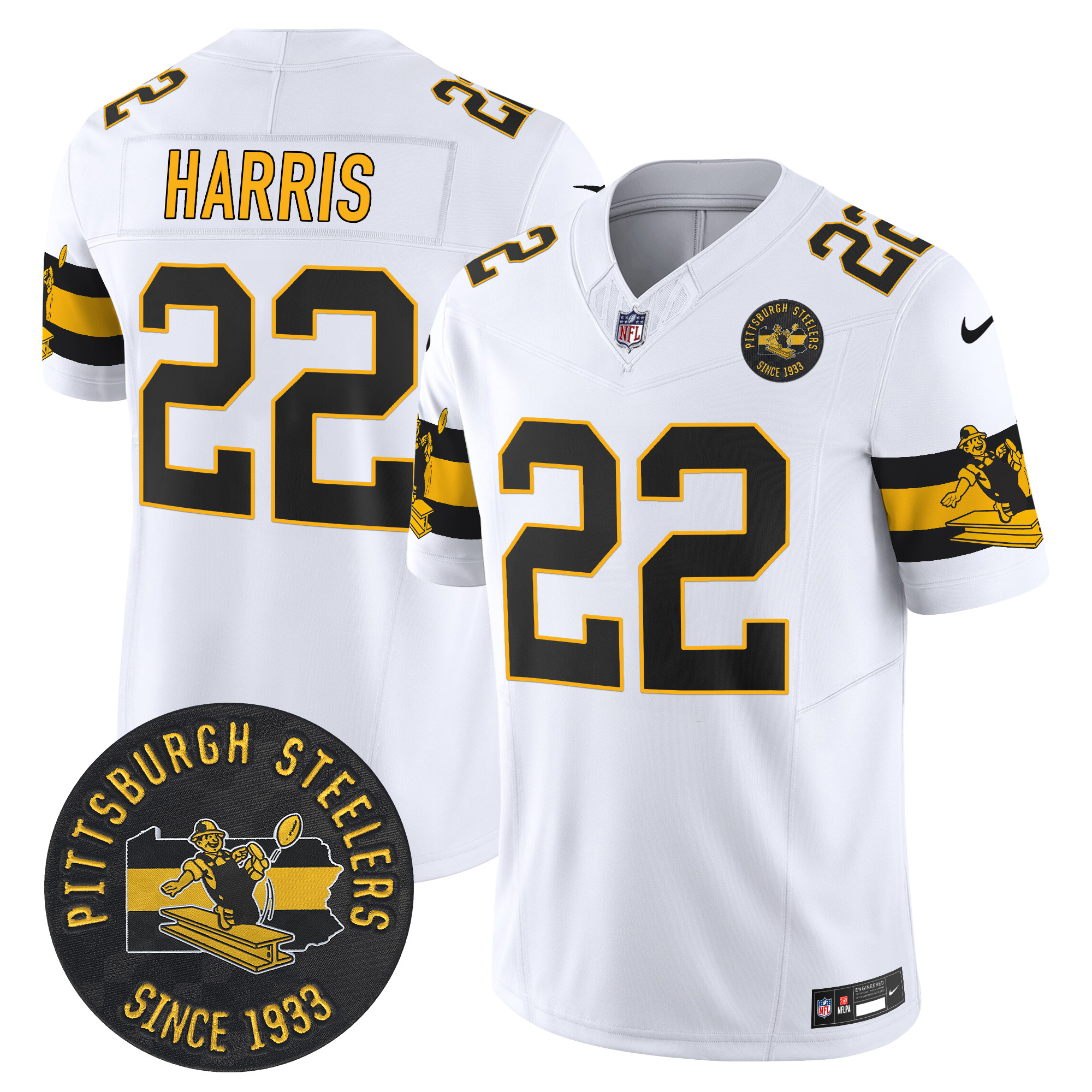 Men's Najee Harris Pittsburgh Steelers Throwback 1933 Patch Vapor Limited White Jersey - All Stitched