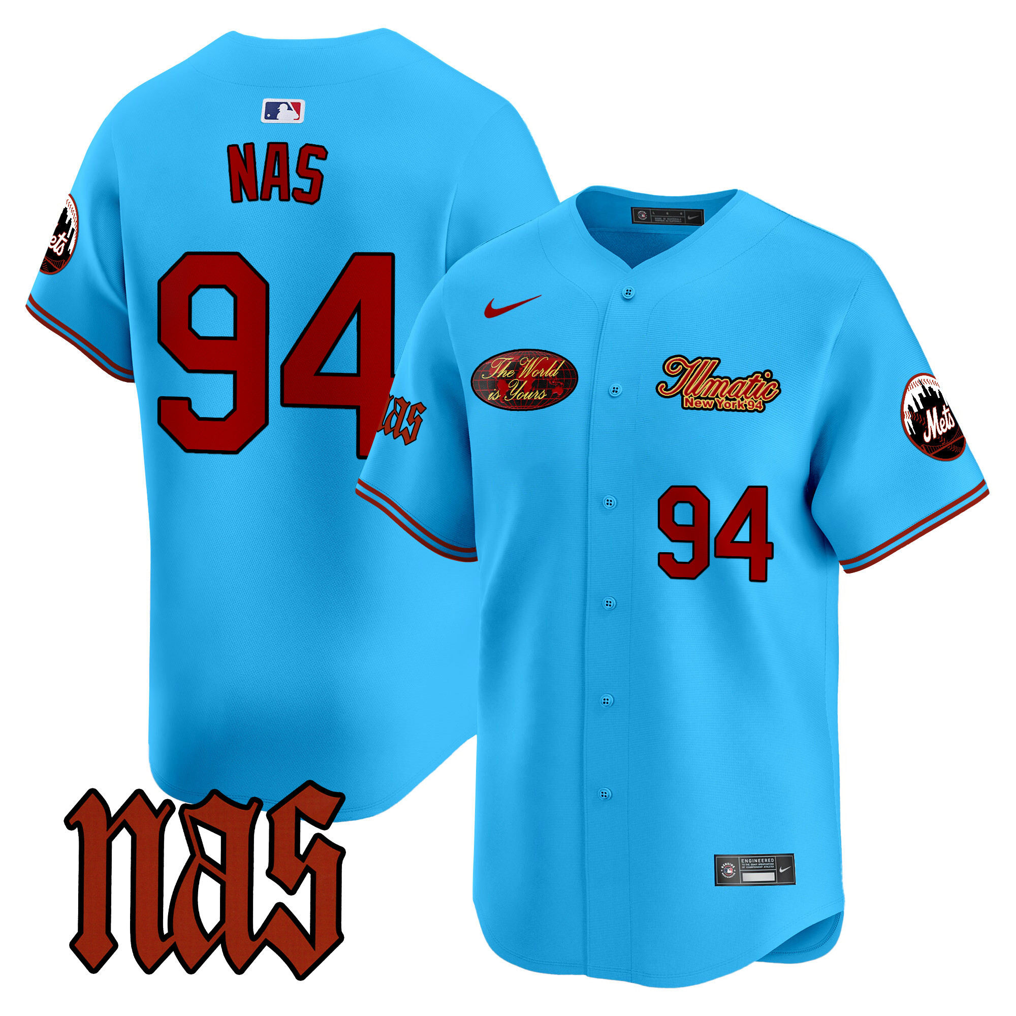 Men's Nas New York Mets Nas Illmatic Vapor Premier Limited Light Blue Jersey V2 - All Stitched