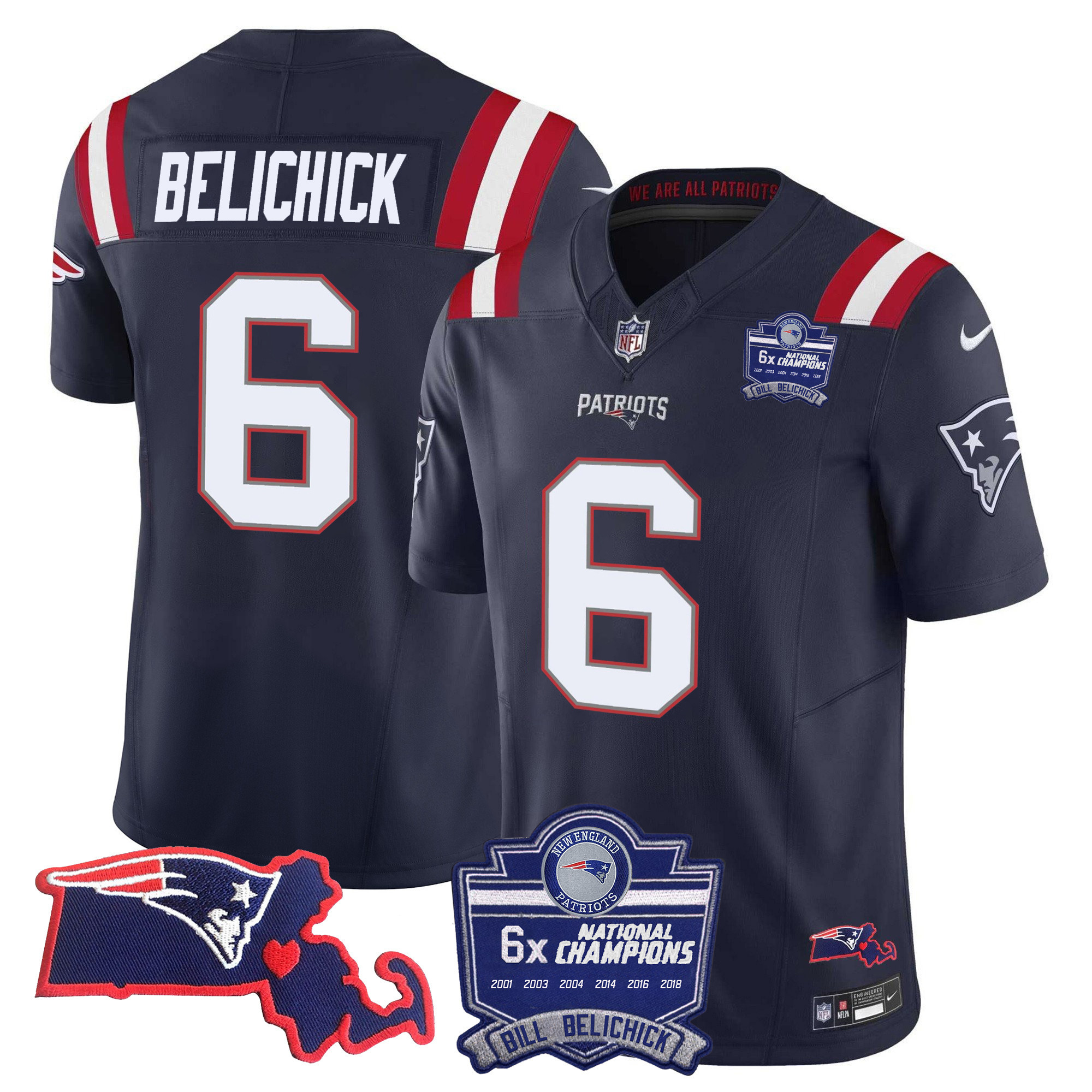Men's New England Patriots Bill Belichick 6x Champions Patch Vapor Navy Jersey - All Stitched 