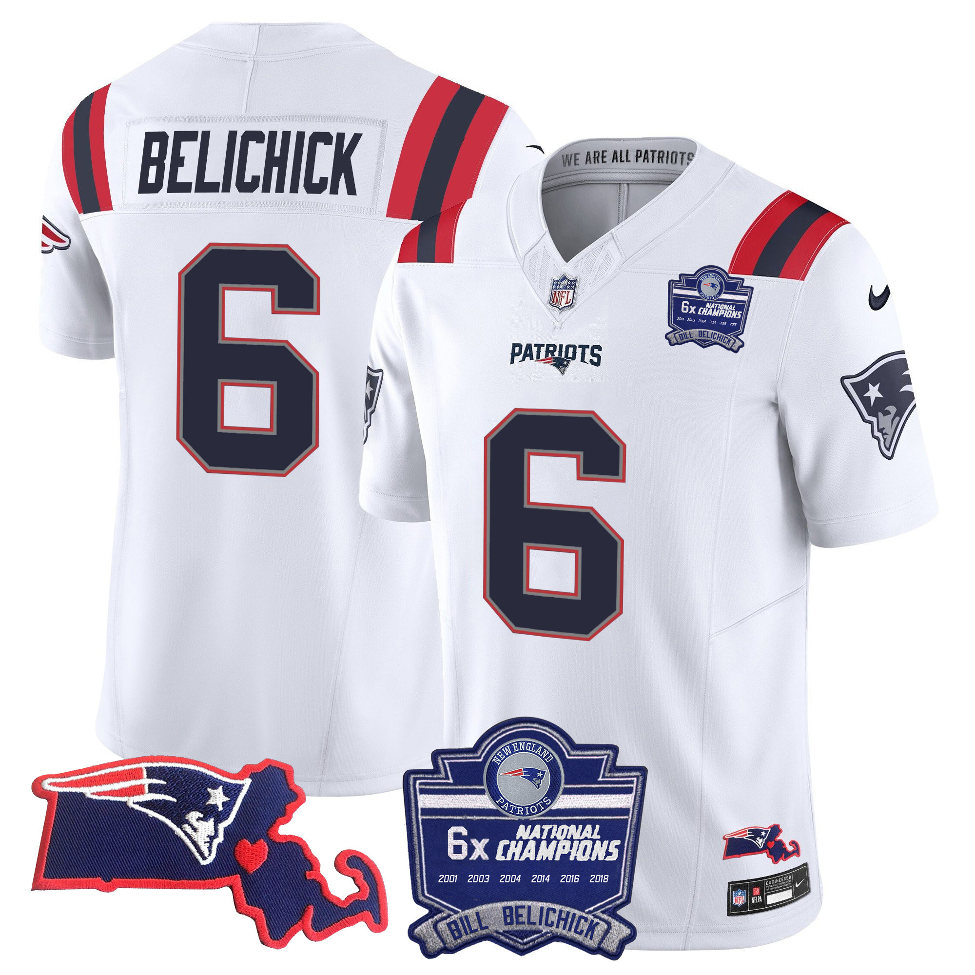 Men's New England Patriots Bill Belichick 6x Champions Patch Vapor White Jersey - All Stitched 