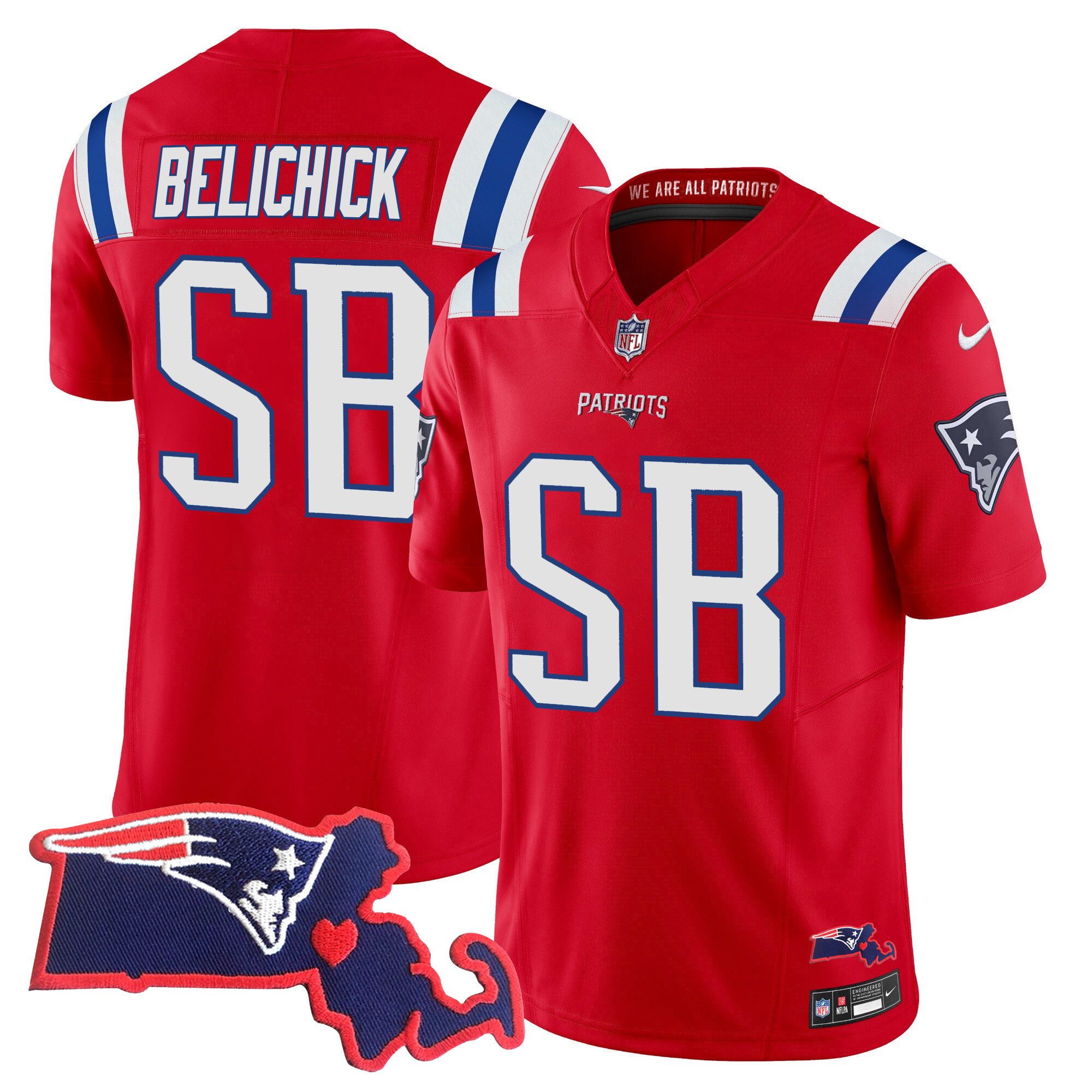 Men's New England Patriots Bill Belichick "SB 36, 38, 39, 49, 51 Champions" Vapor Red Jersey - All Stitched 