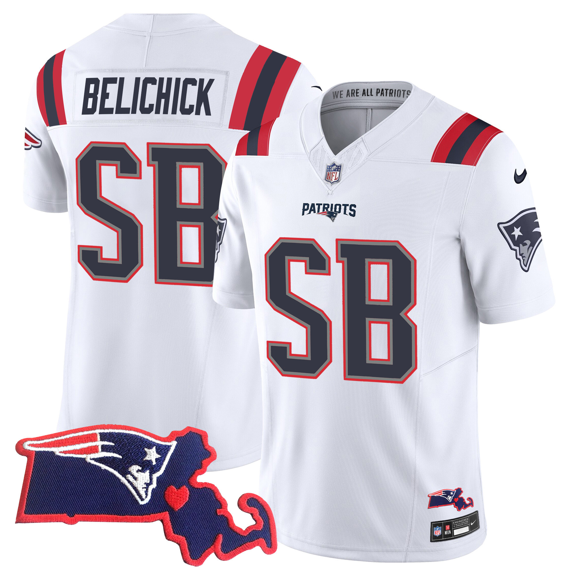 Men's New England Patriots Bill Belichick "SB 36, 38, 39, 49, 51 Champions" Vapor White Jersey - All Stitched 