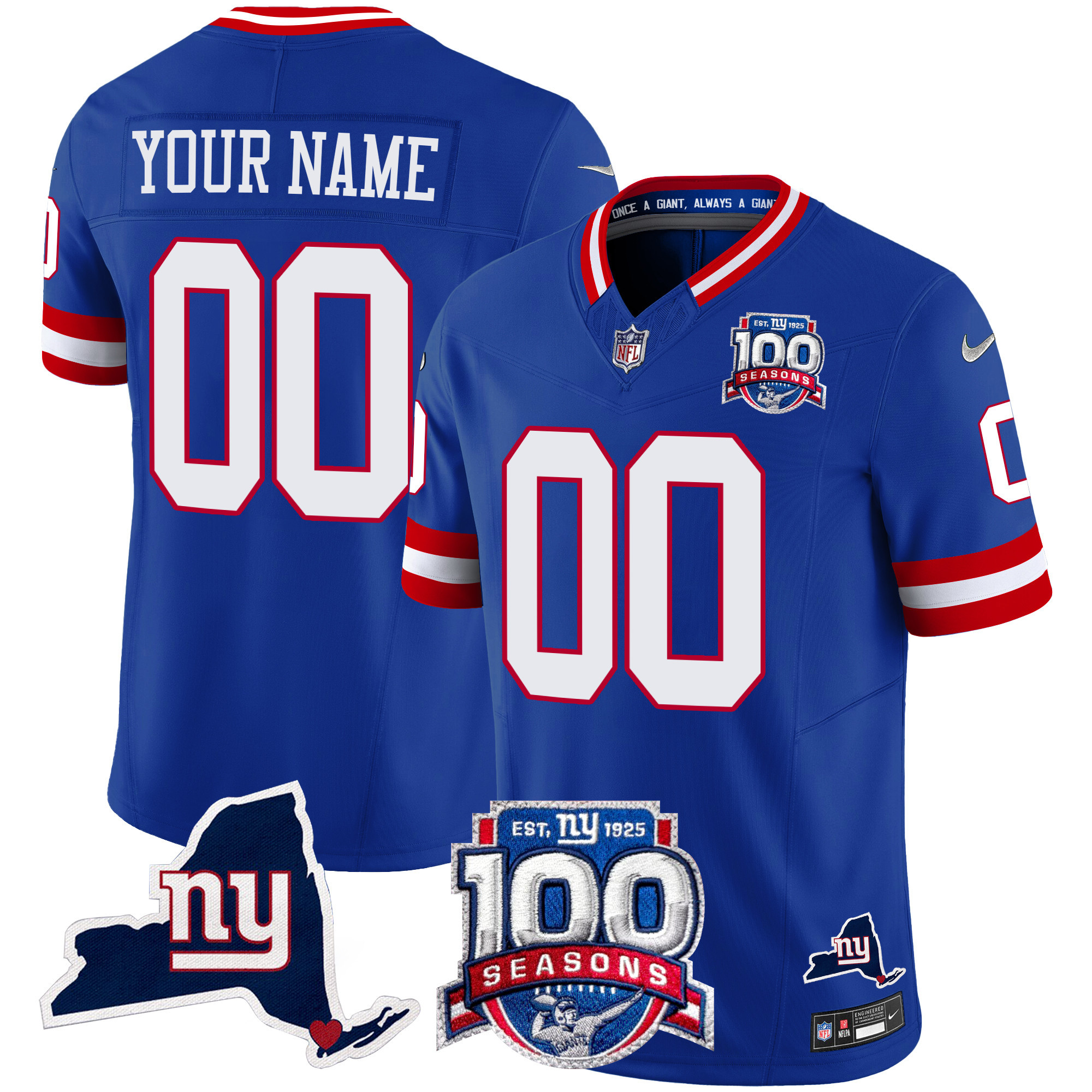 Men's New York Giants 100th Season & State Patch Vapor Limited Custom Royal Jersey - All Stitched