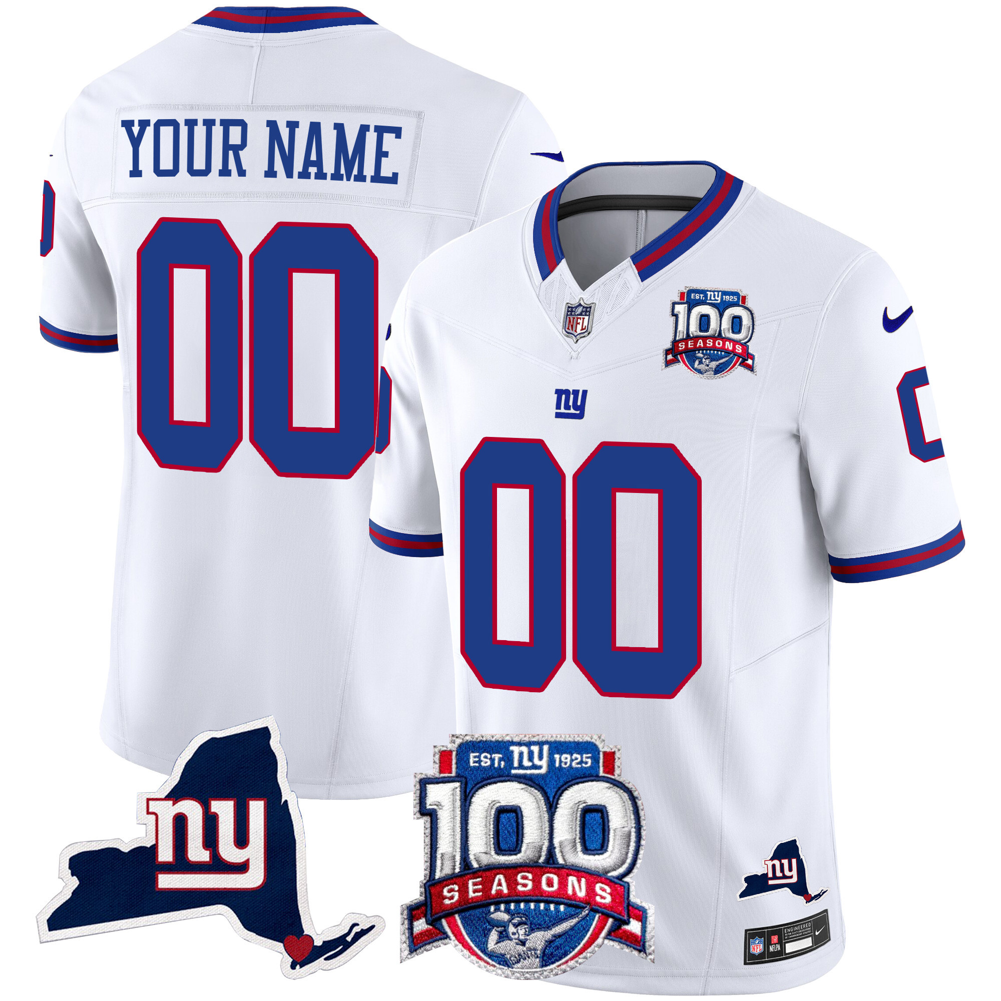 Men's New York Giants 100th Season & State Patch Vapor Limited Custom White Jersey - All Stitched