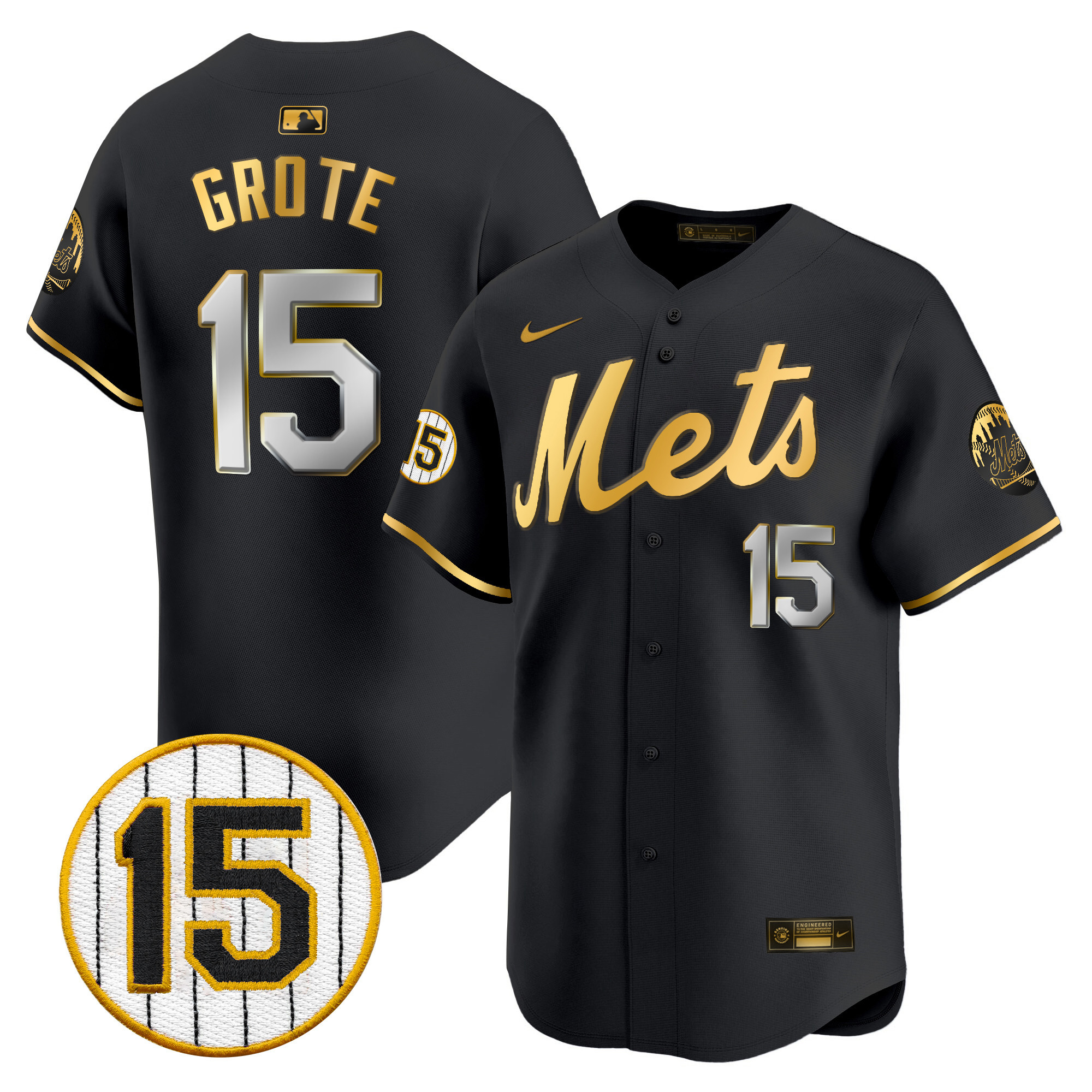 Men's New York Mets Jerry Grote Patch Vapor Premier Limited Black Gold Jersey - All Stitched