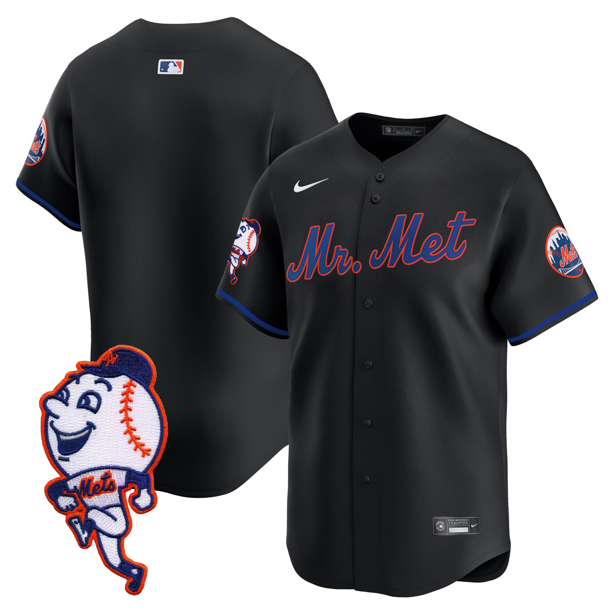 Men's New York Mets Mr. Met Patch Vapor Premier Limited Black Jersey - All Stitched