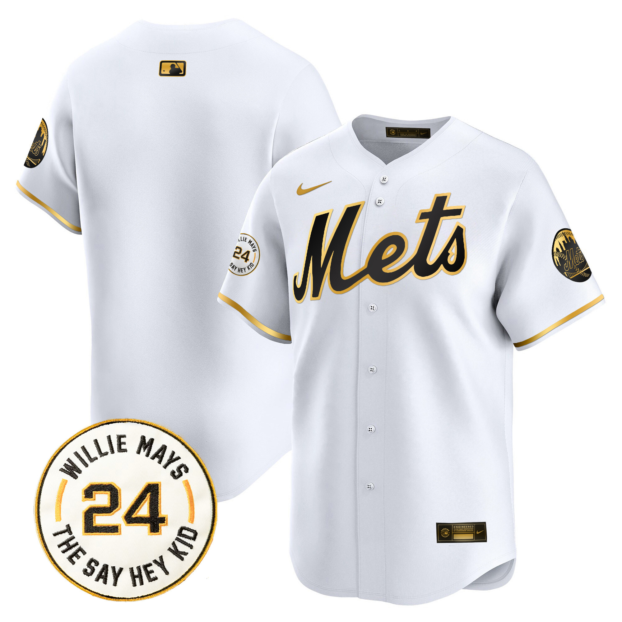 Men's New York Mets Willie Mays Patch Vapor Premier Limited White Gold Jersey - All Stitched