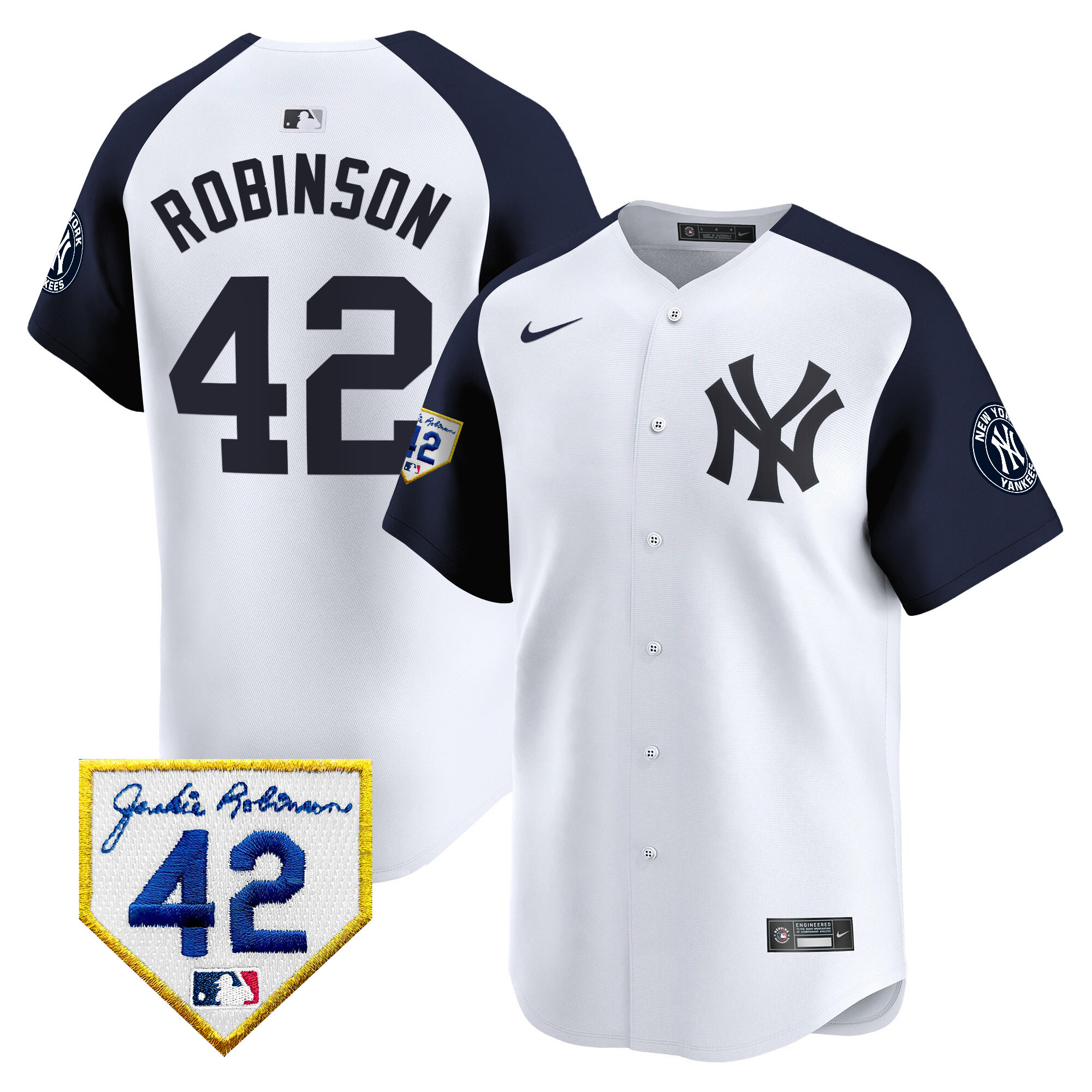 Men's New York Yankees 2024 Jackie Robinson Patch Vapor Premier Limited White Alternate Jersey - All Stitched