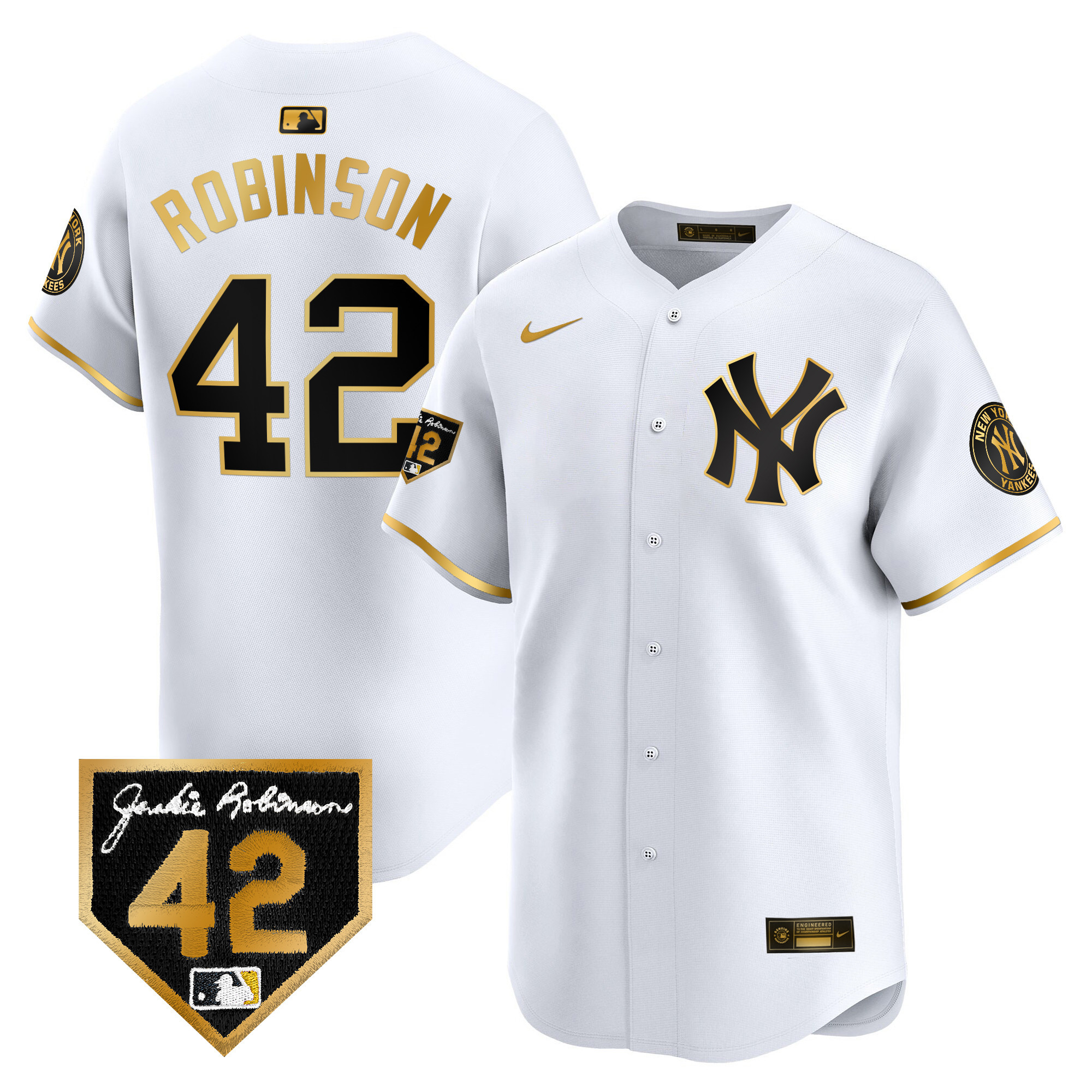 Men's New York Yankees 2024 Jackie Robinson Patch Vapor Premier Limited White Gold Jersey - All Stitched