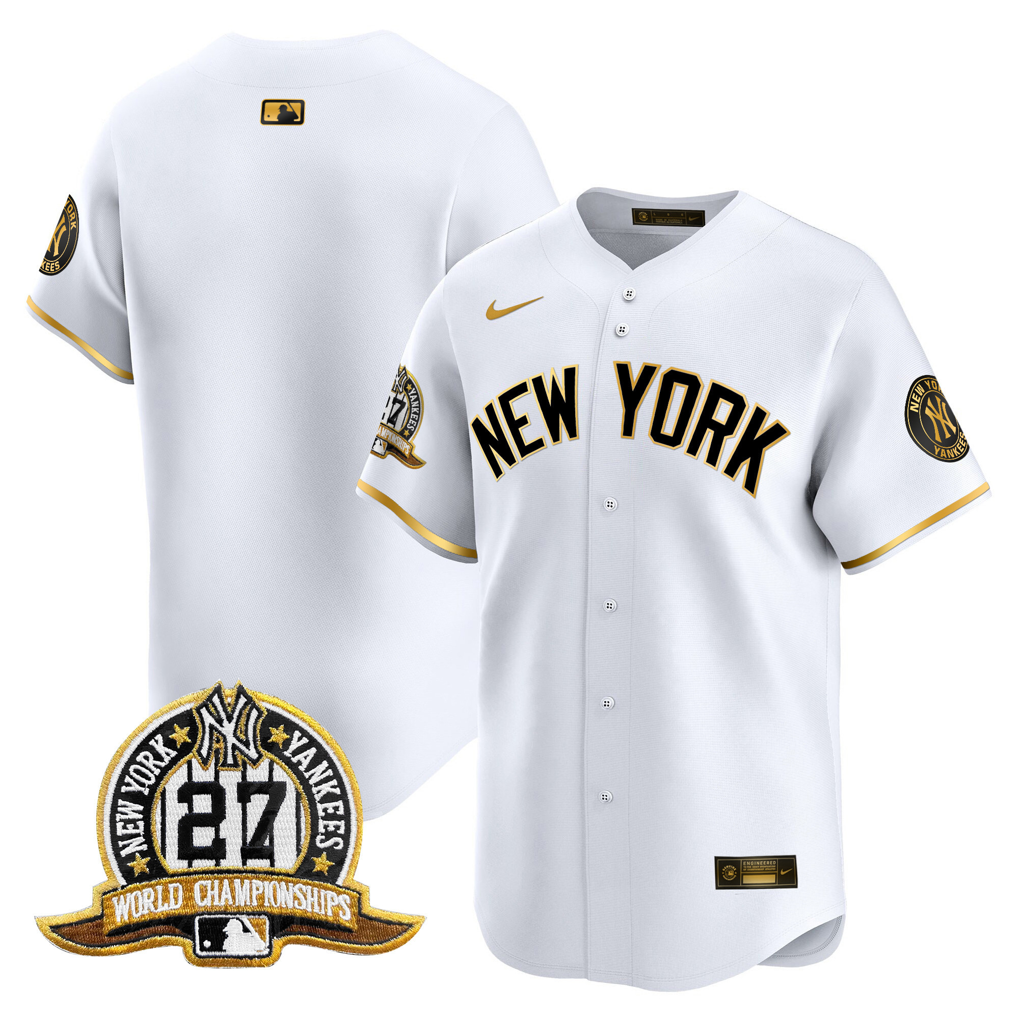 Men's New York Yankees 27 Time Champions Patch Vapor Premier Limited White Gold Jersey V2 - All Stitched