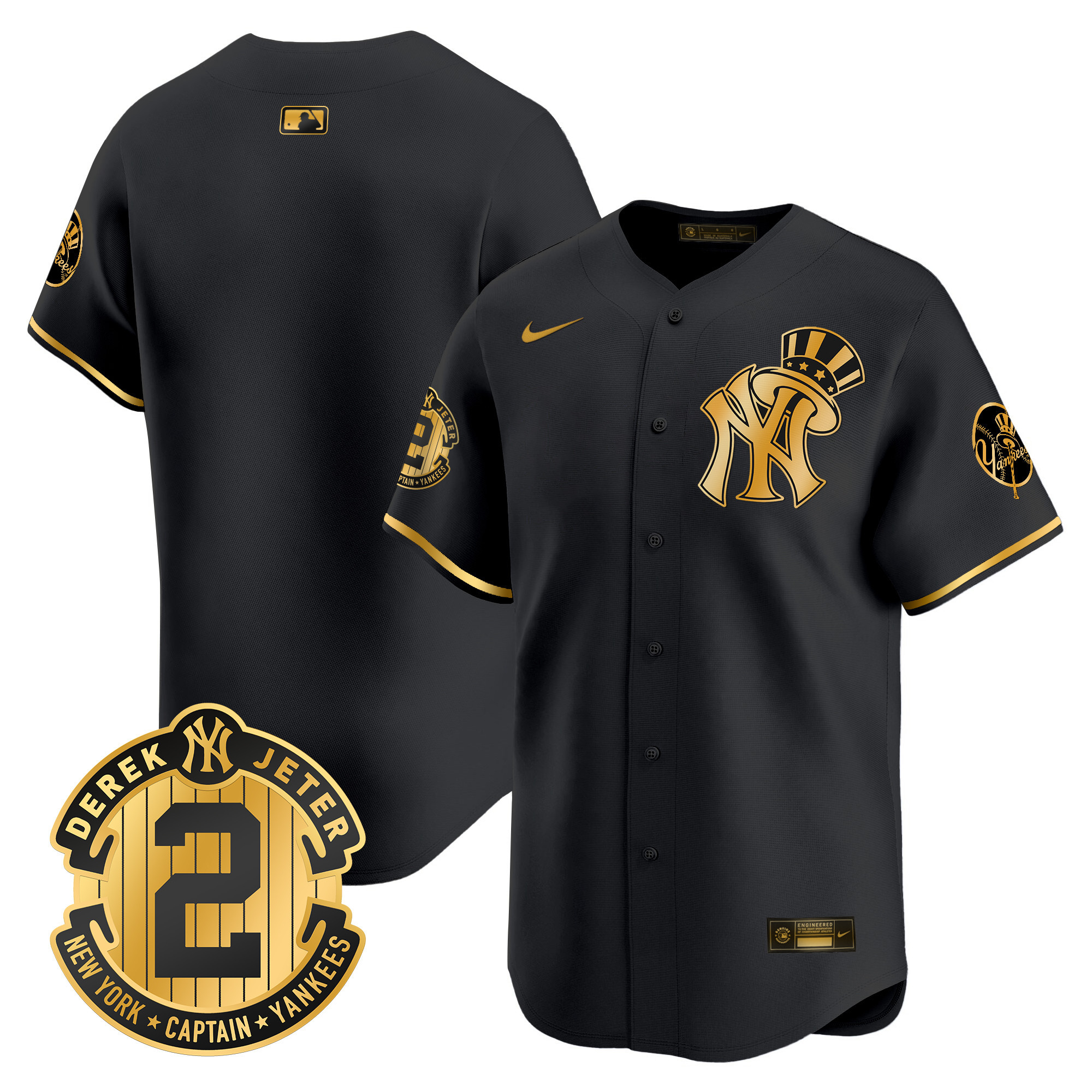 Men's New York Yankees Derek Jeter Patch Vapor Premier Limited Black Gold Jersey V2 - All Stitched