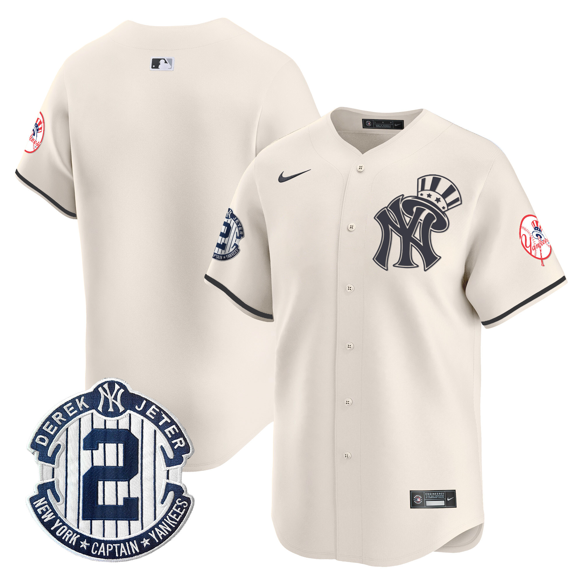 Men's New York Yankees Derek Jeter Patch Vapor Premier Limited Cream Jersey V2 - All Stitched