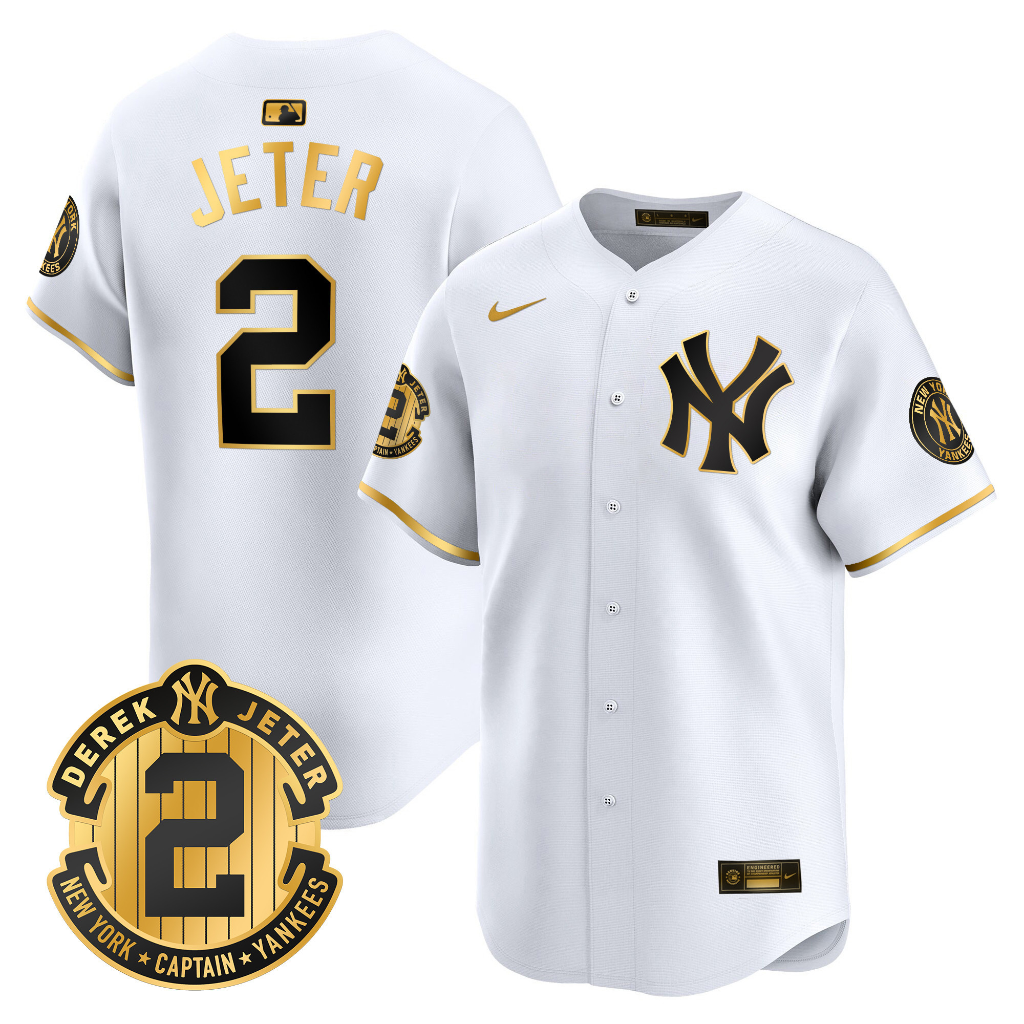 Men's New York Yankees Derek Jeter Patch Vapor Premier Limited White Gold Jersey - All Stitched