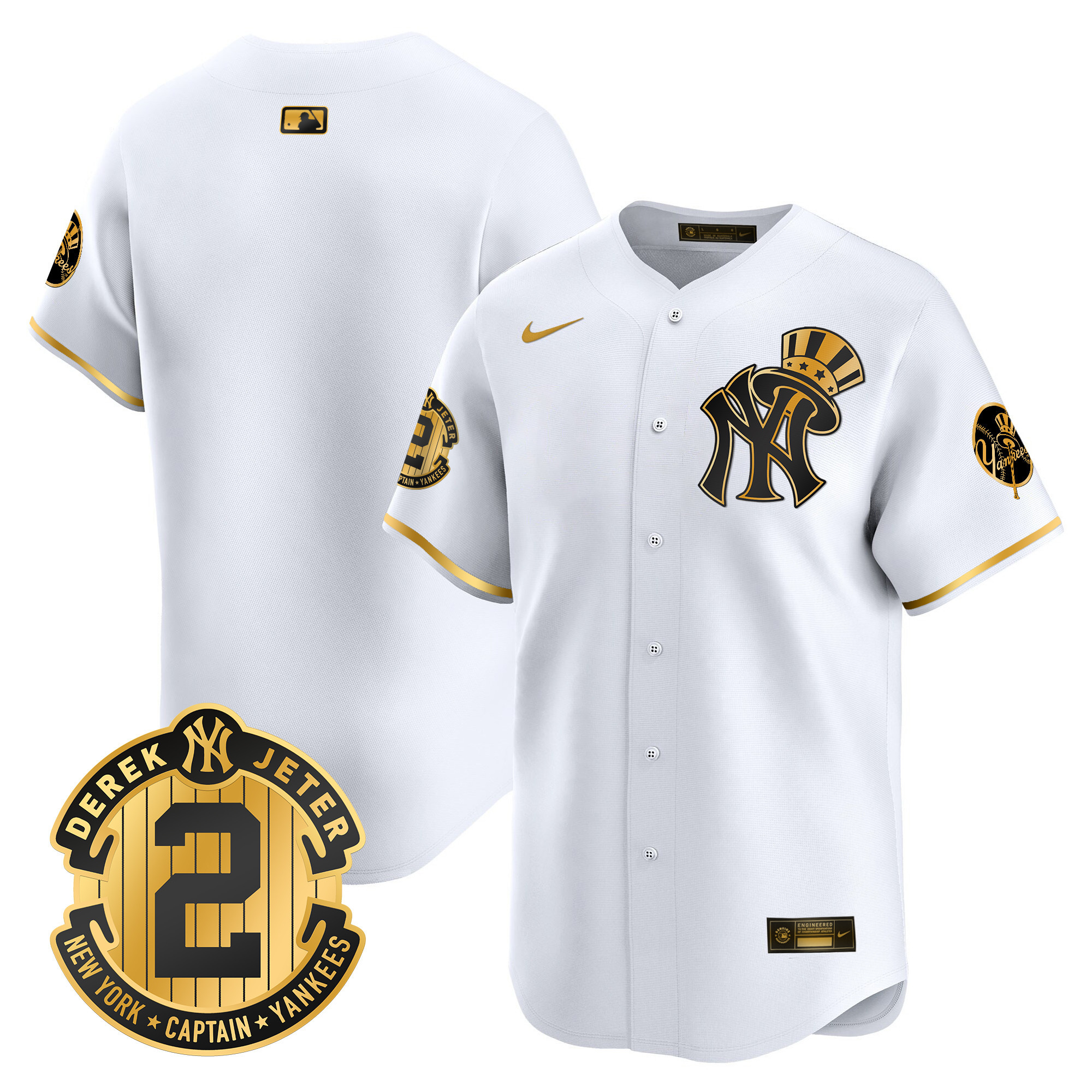 Men's New York Yankees Derek Jeter Patch Vapor Premier Limited White Gold Jersey V2 - All Stitched