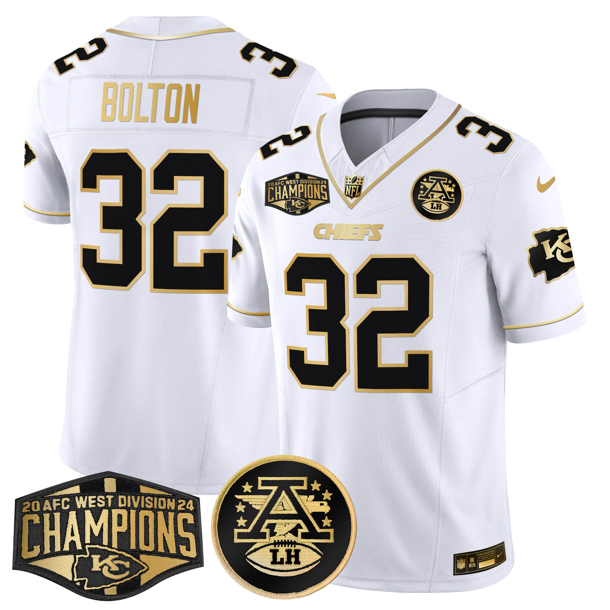 Men's Nick Bolton Kansas City Chiefs 2024 AFC West Division Champions Patch Gold Vapor Limited White Gold Jersey - All Stitched
