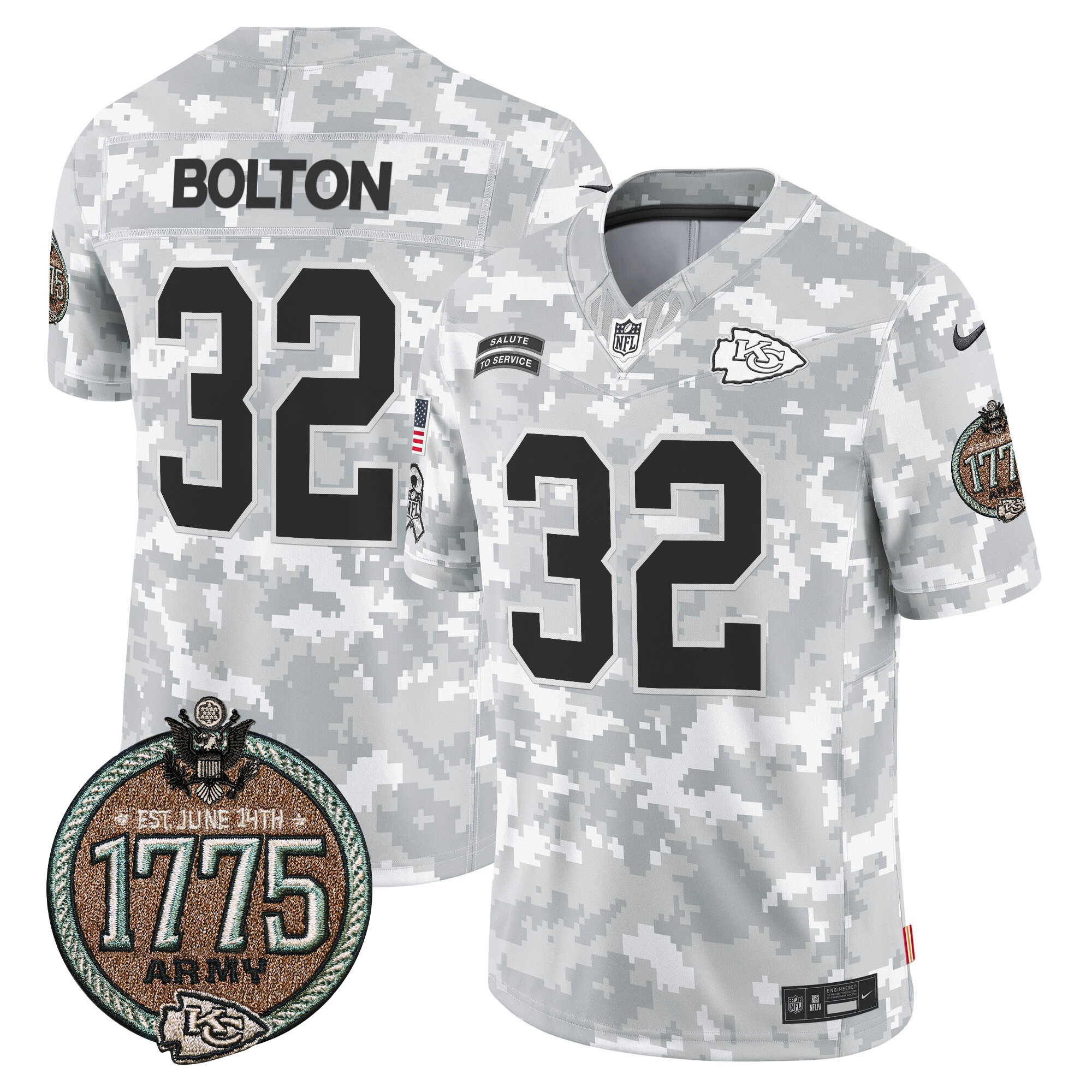 Men's Nick Bolton Kansas City Chiefs 2024 Salute to Service Establishment Year Patch Vapor Limited Army Jersey - All Stitched