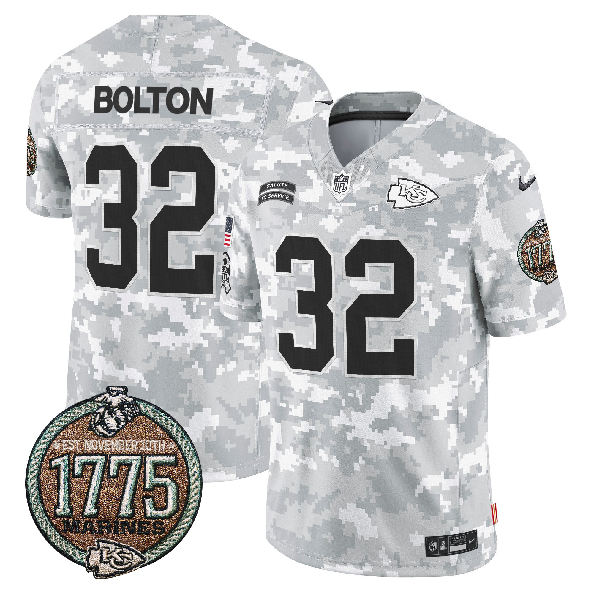 Men's Nick Bolton Kansas City Chiefs 2024 Salute to Service Establishment Year Patch Vapor Limited Marines Jersey - All Stitched