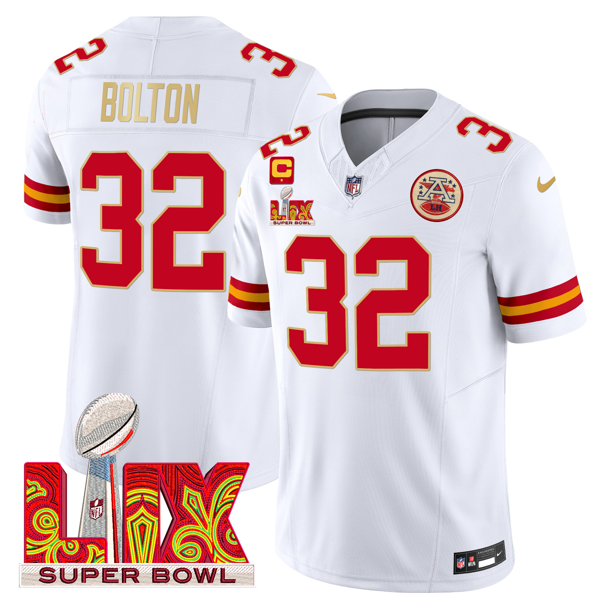 Men's Nick Bolton Kansas City Chiefs Super Bowl LIX Patch Gold Trim Vapor Limited White Jersey - All Stitched