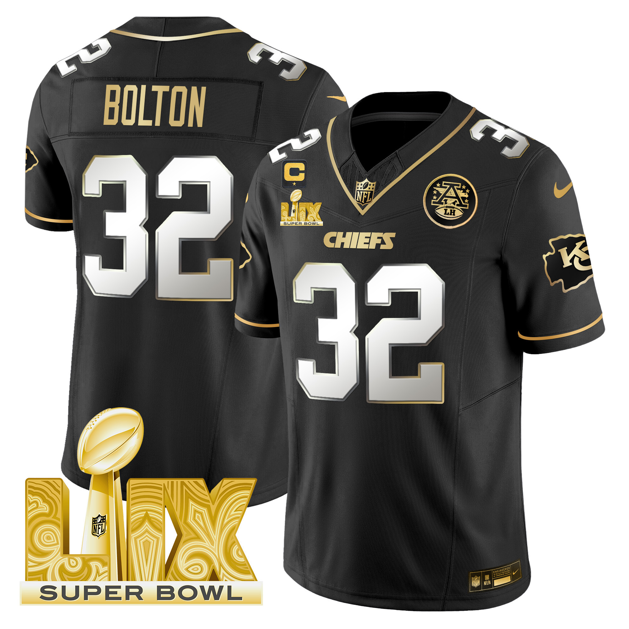 Men's Nick Bolton Kansas City Chiefs Super Bowl LIX Patch Gold Vapor Limited Black Limited Jersey - All Stitched