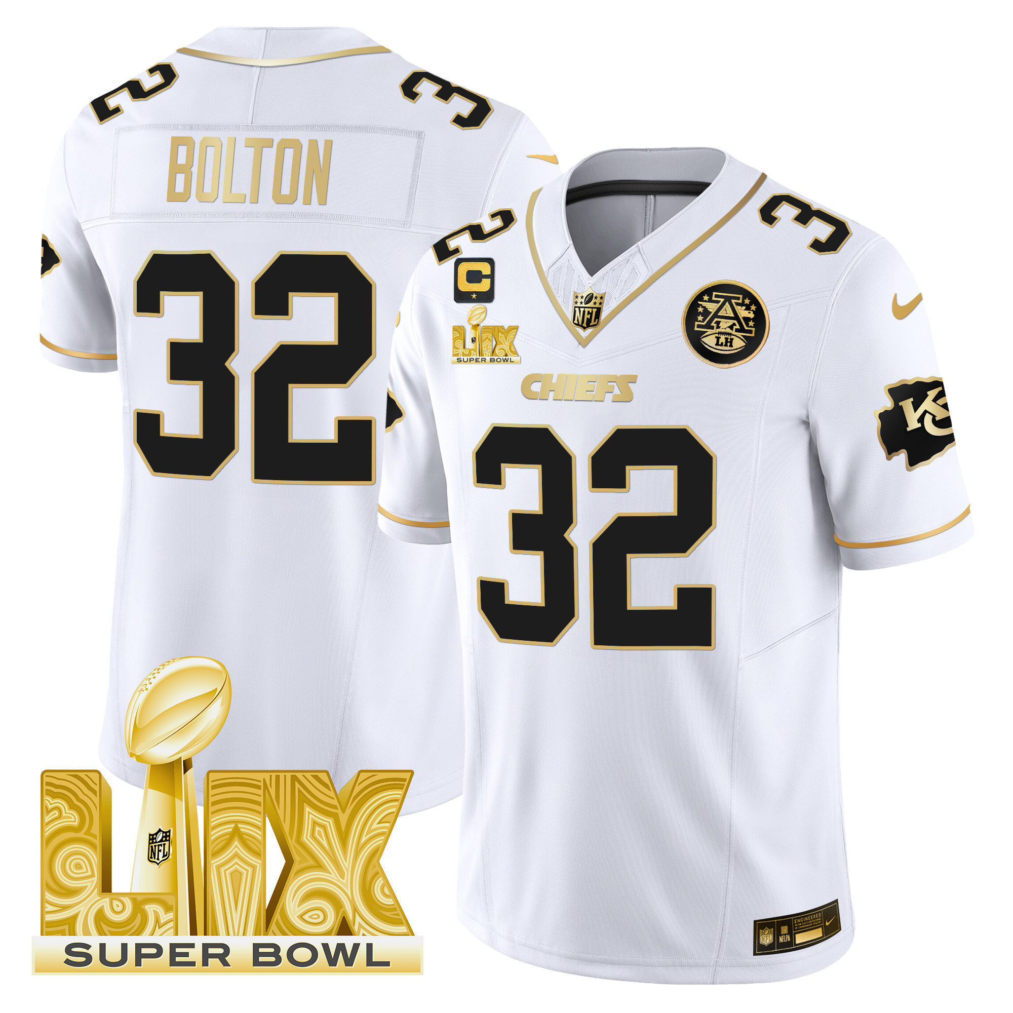 Men's Nick Bolton Kansas City Chiefs Super Bowl LIX Patch Gold Vapor Limited White Gold Jersey - All Stitched