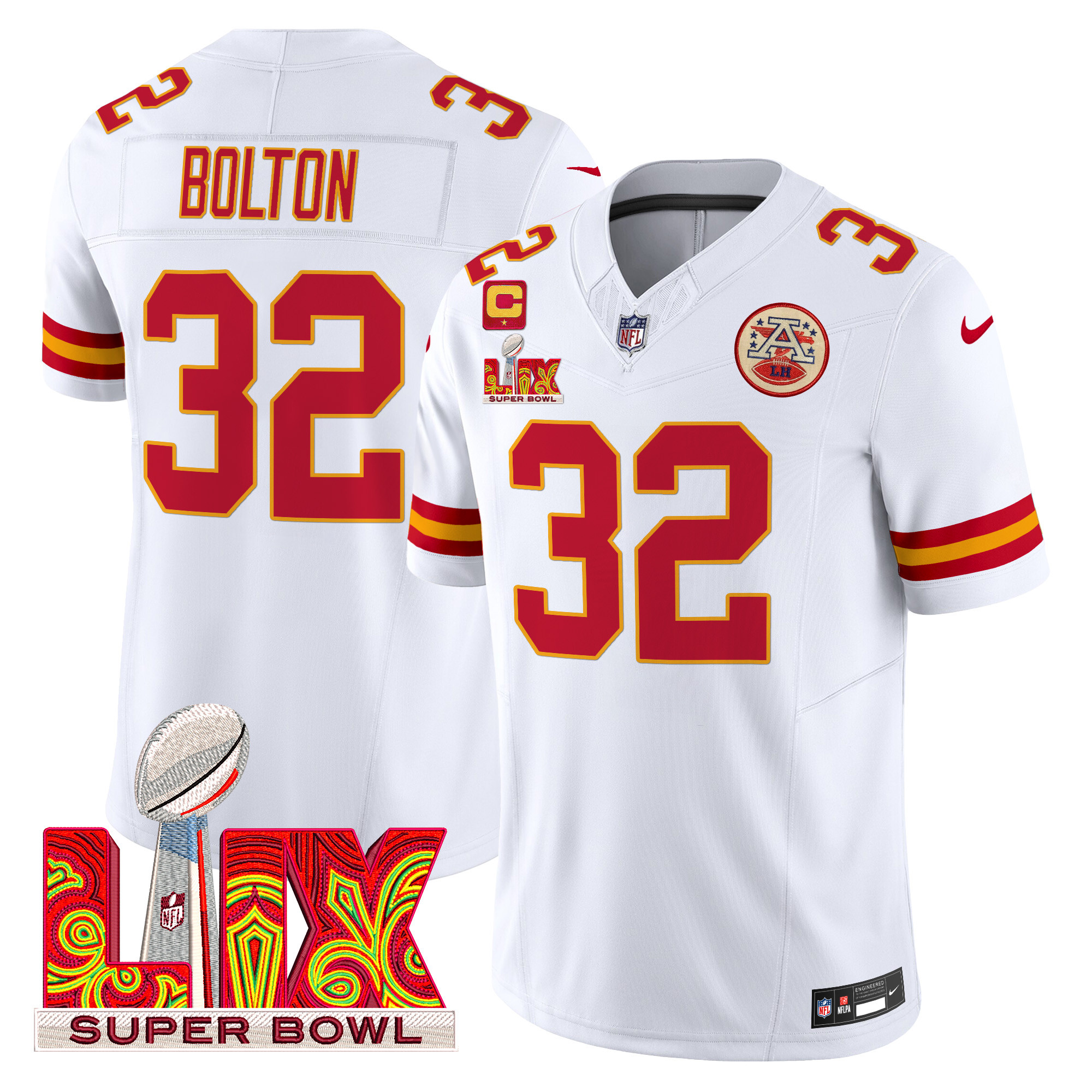 Men's Nick Bolton Kansas City Chiefs Super Bowl LIX Patch Vapor Limited White Jersey - All Stitched
