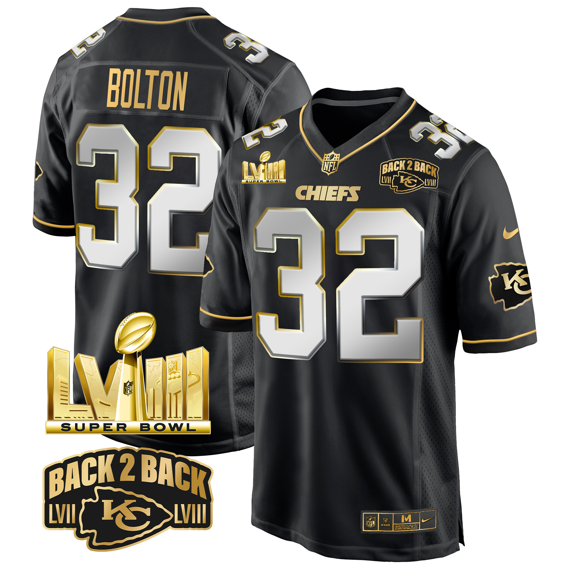 Men's Nick Bolton Kansas City Chiefs Super Bowl LVIII & Back 2 Back Gold Game Black Limited Jersey - All Stitched