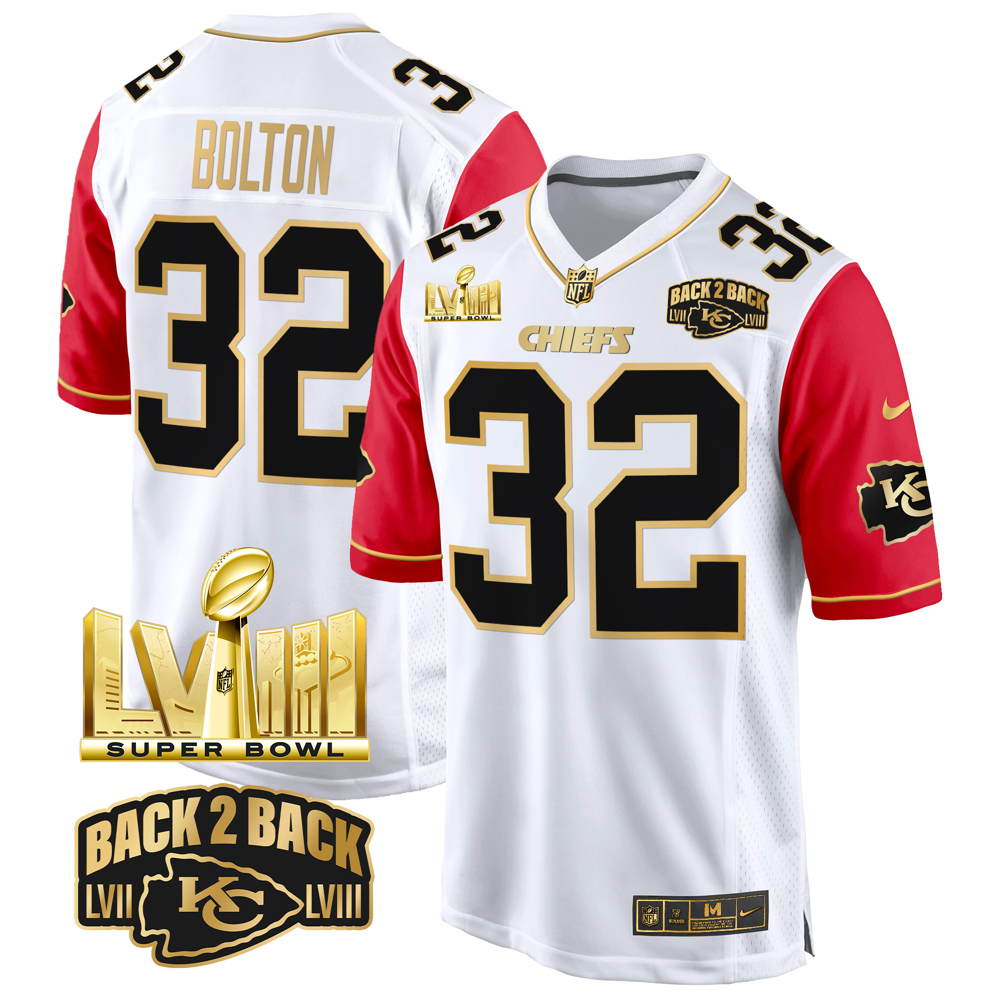 Men's Nick Bolton Kansas City Chiefs Super Bowl LVIII & Back 2 Back Gold Game Color Sleeves Jersey - All Stitched