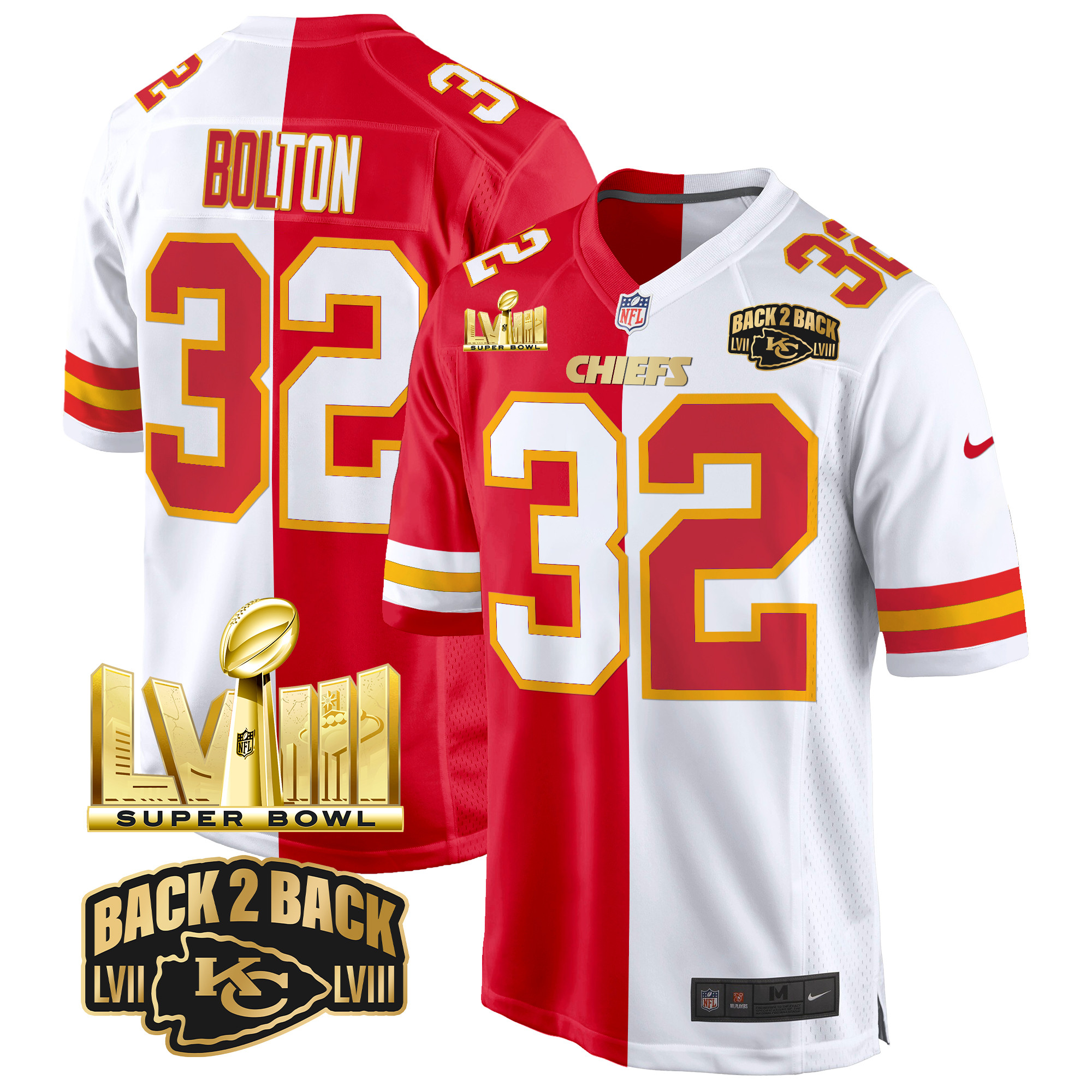Men's Nick Bolton Kansas City Chiefs Super Bowl LVIII & Back 2 Back Gold Game Split Jersey - All Stitched