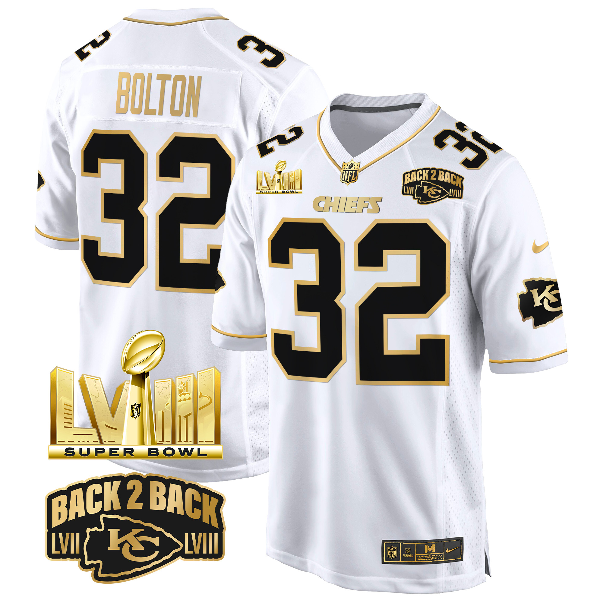 Men's Nick Bolton Kansas City Chiefs Super Bowl LVIII & Back 2 Back Gold Game White Gold Jersey - All Stitched