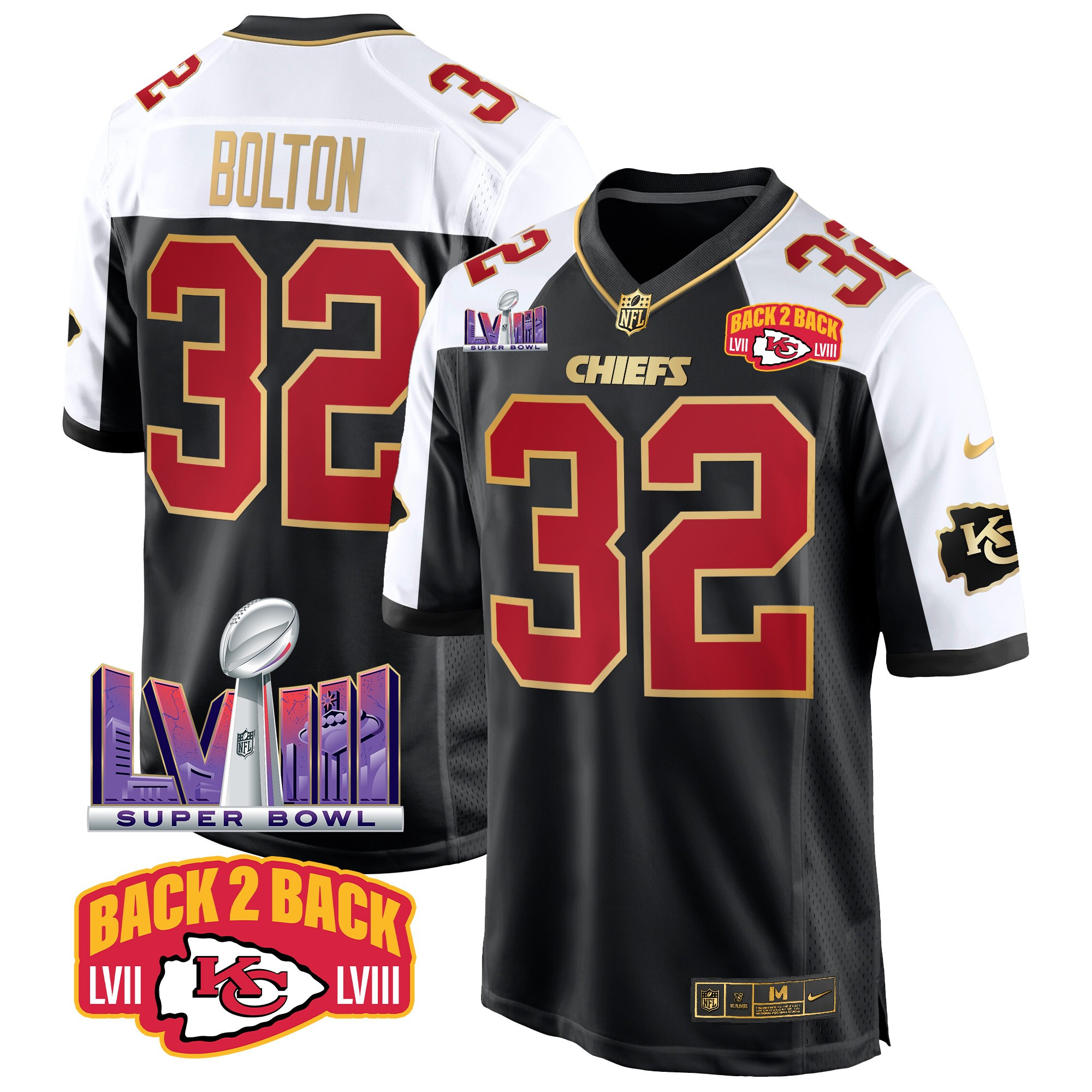 Men's Nick Bolton Kansas City Chiefs Super Bowl LVIII & Back 2 Back Patch Game Black Alternate Jersey - All Stitched
