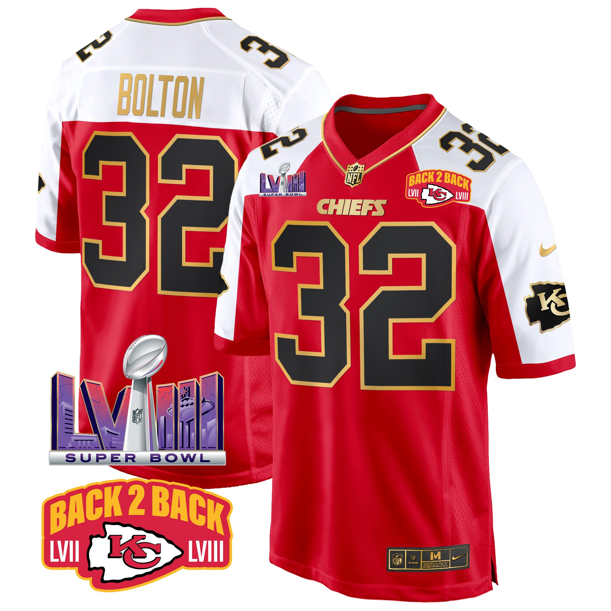 Men's Nick Bolton Kansas City Chiefs Super Bowl LVIII & Back 2 Back Patch Game Red Alternate Jersey - All Stitched